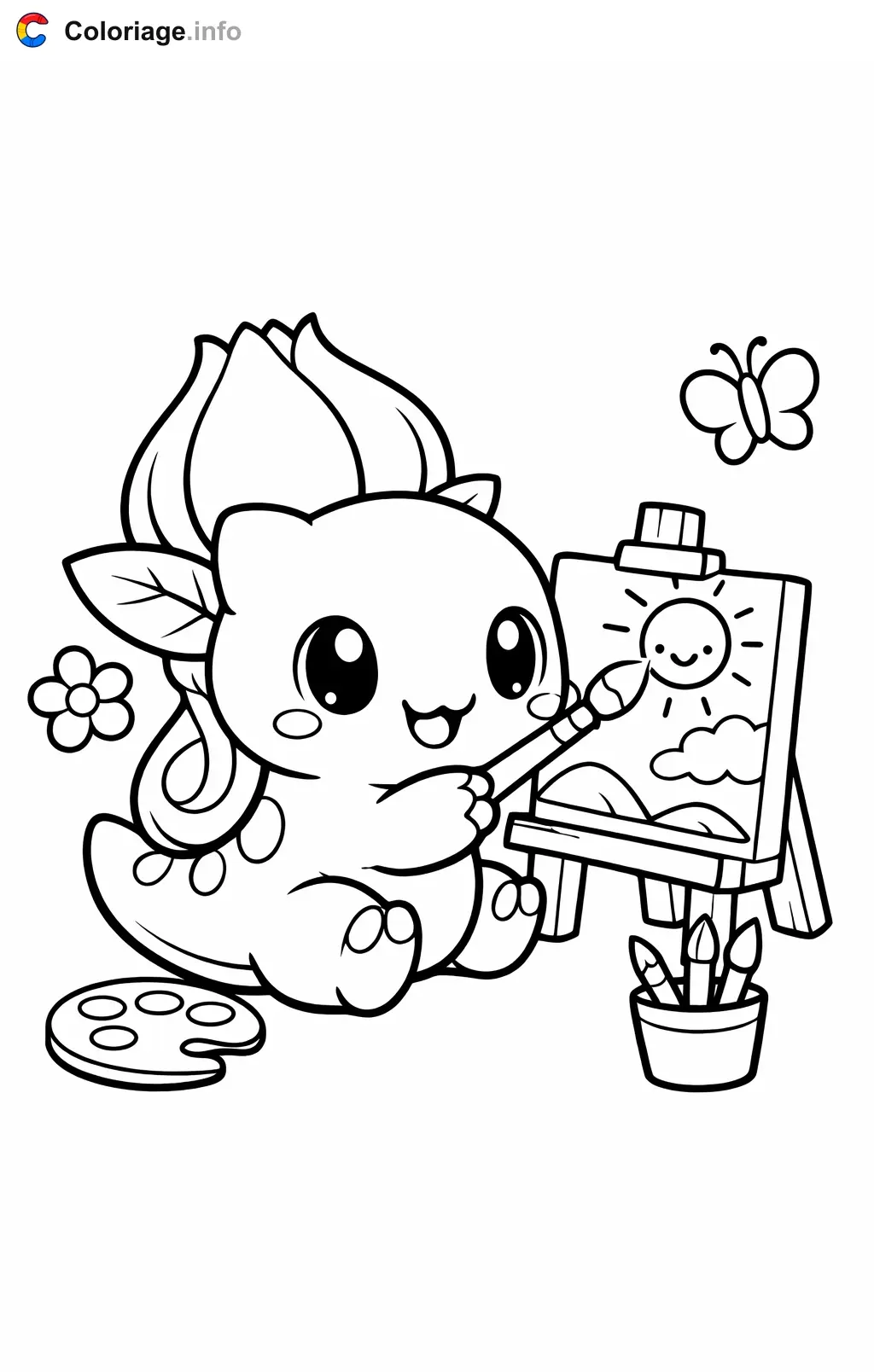 Coloriage Bulbizarre qui peint un tableau - Bulbizarre à imprimer