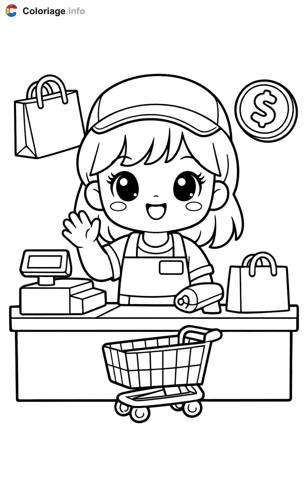 Friendly Cashier Welcoming Customers coloring page to print
