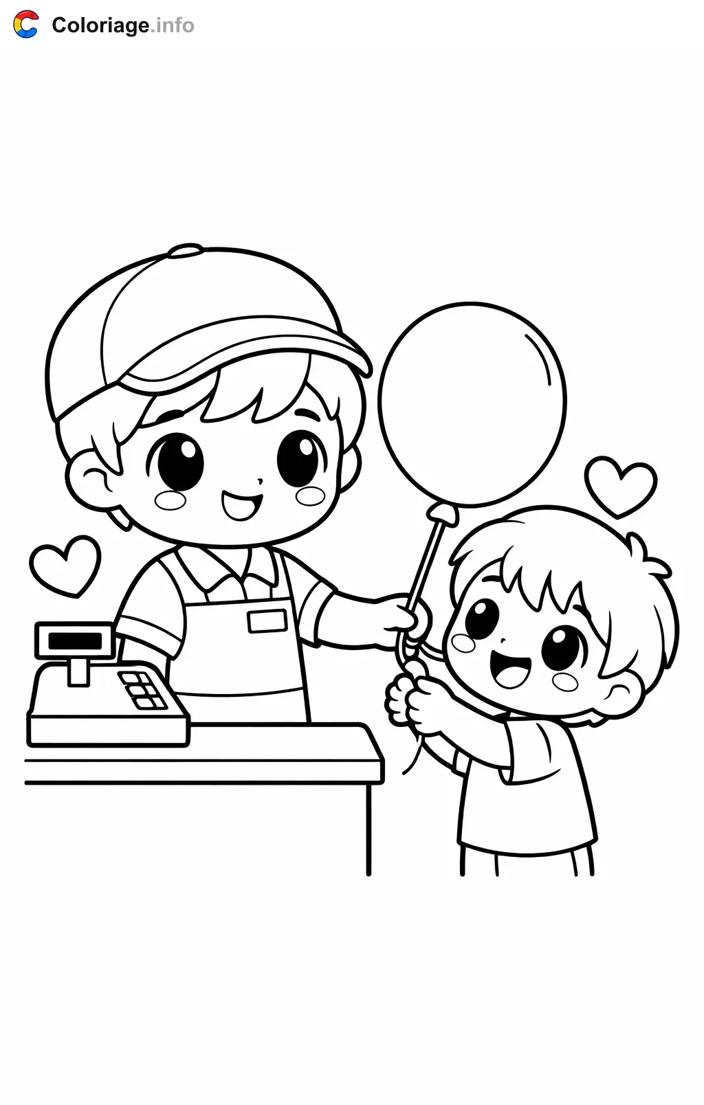 Friendly Cashier Giving Away a Balloon coloring page to print