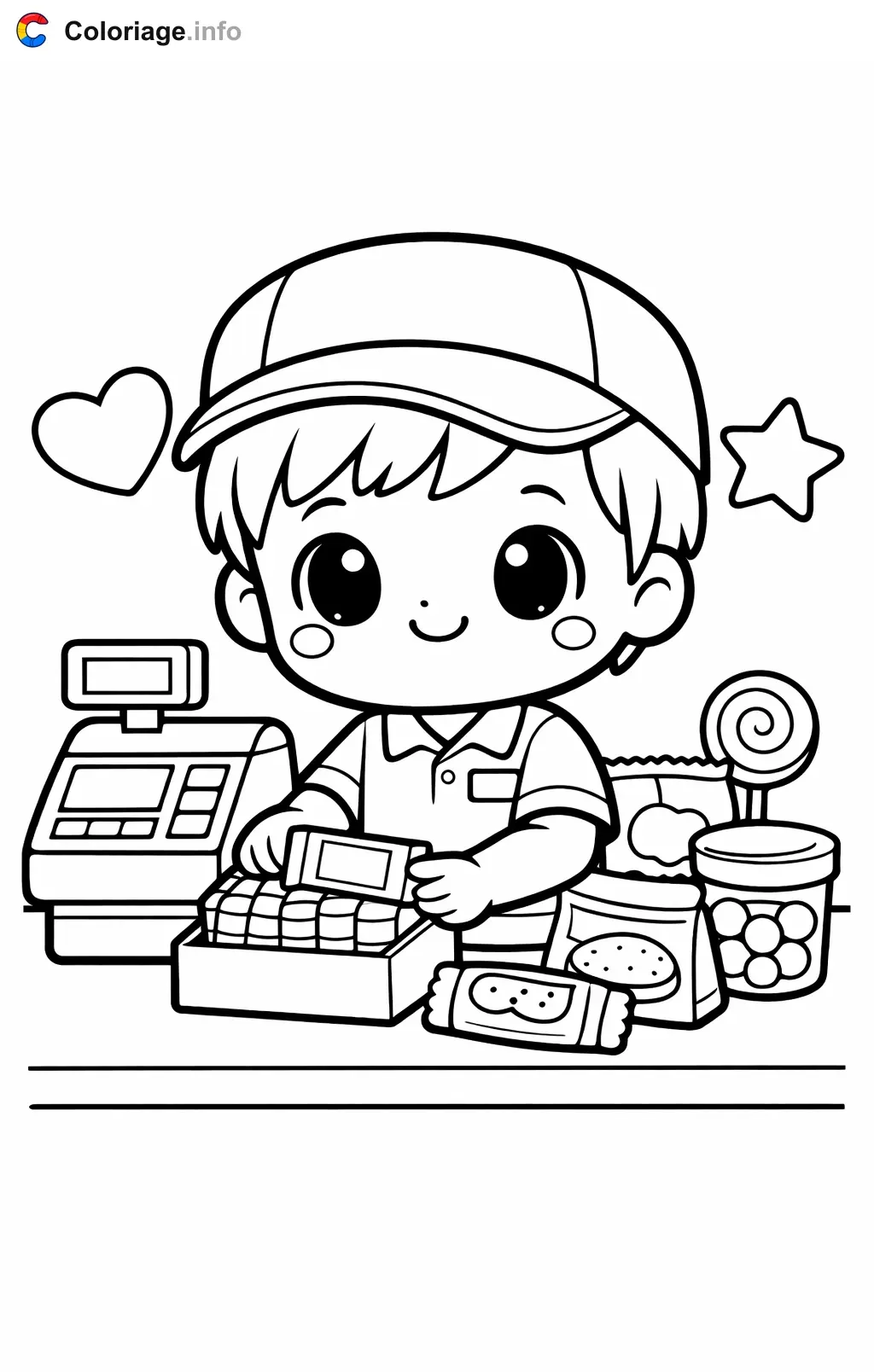 Cashier Stocking the Candy Display coloring page to print