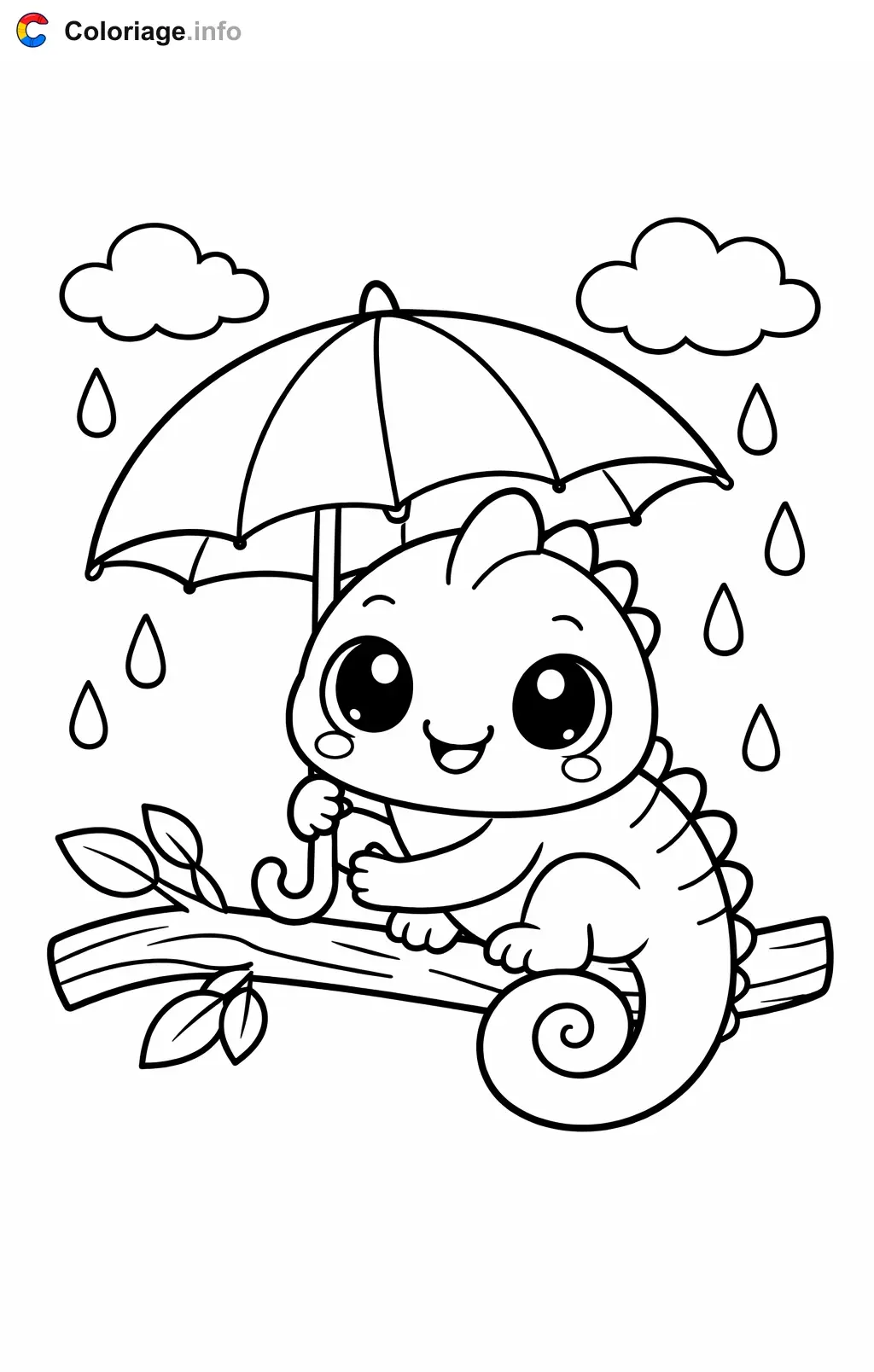 Coloriage Caméléon sous la pluie avec un parapluie - Caméléon à imprimer
