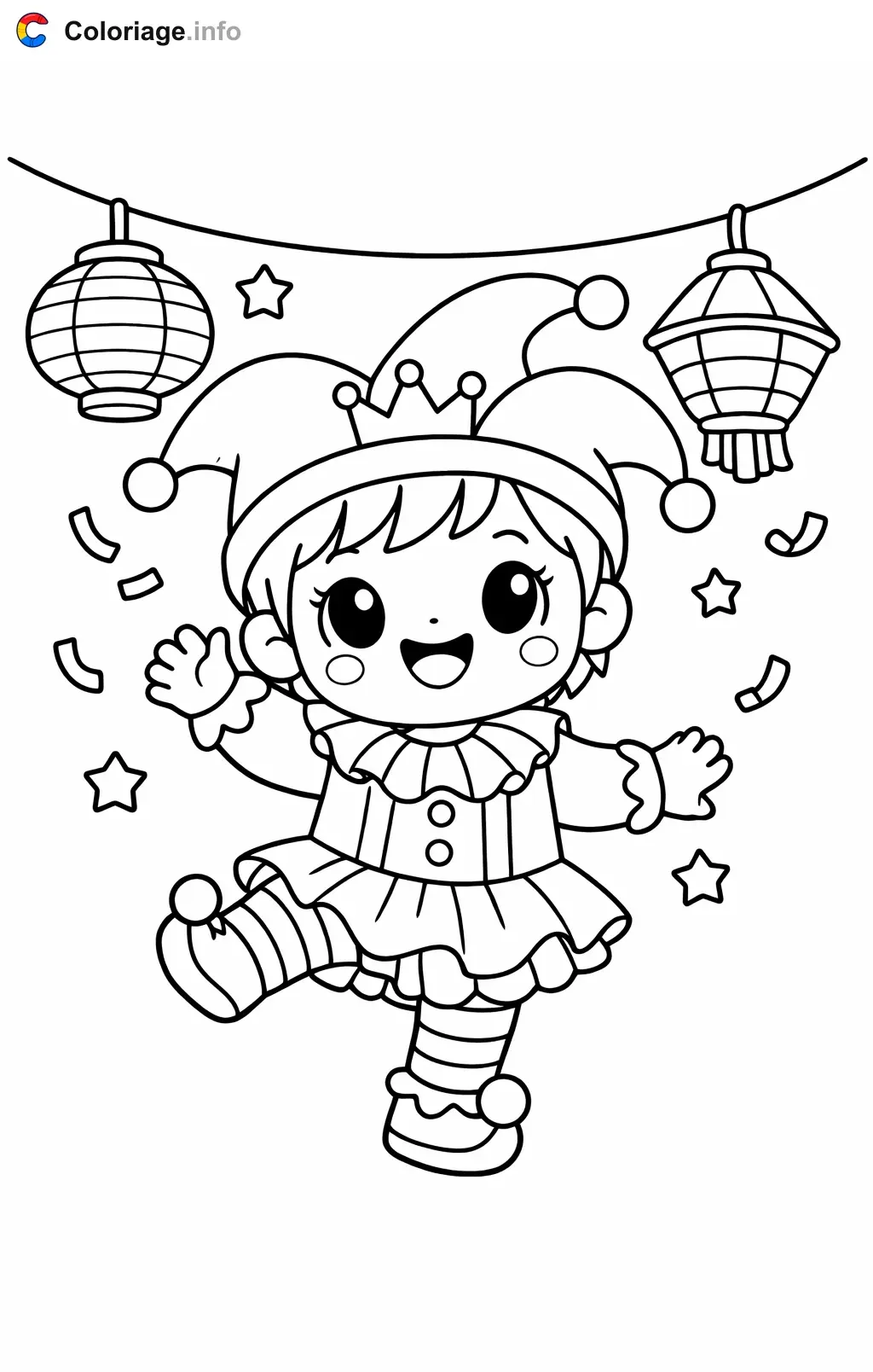 Coloriage Carnaval maternelle qui danse sous les lampions - Carnaval maternelle à imprimer