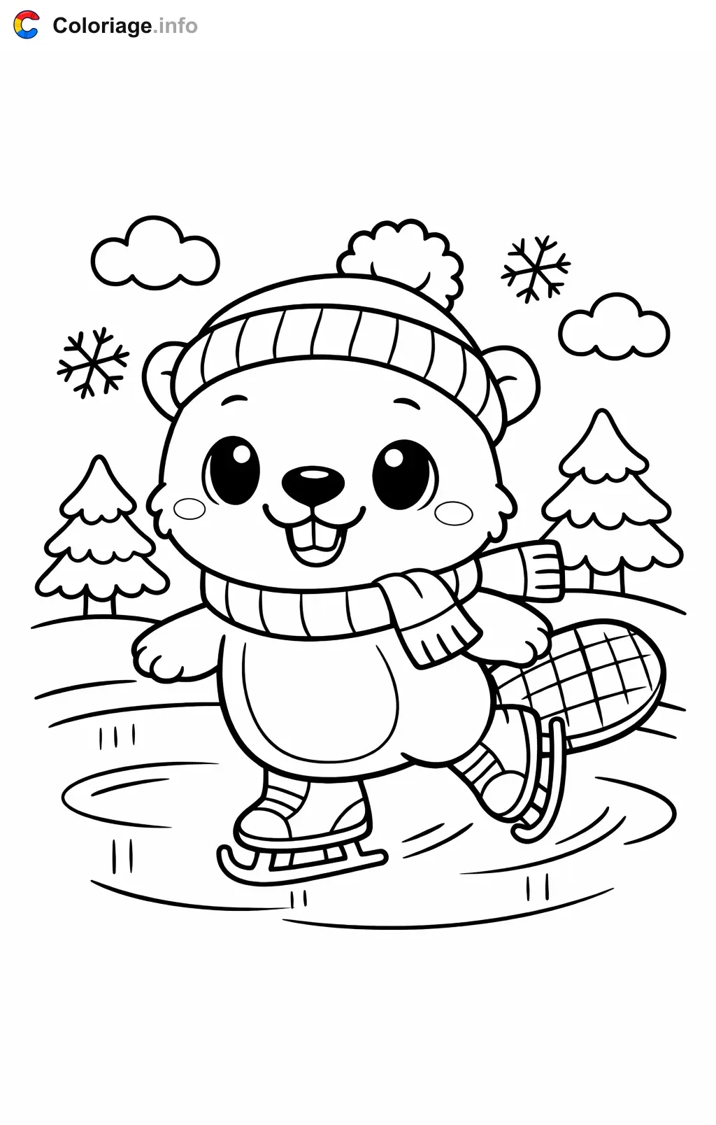 Coloriage Castor qui patine sur la glace - Castor à imprimer