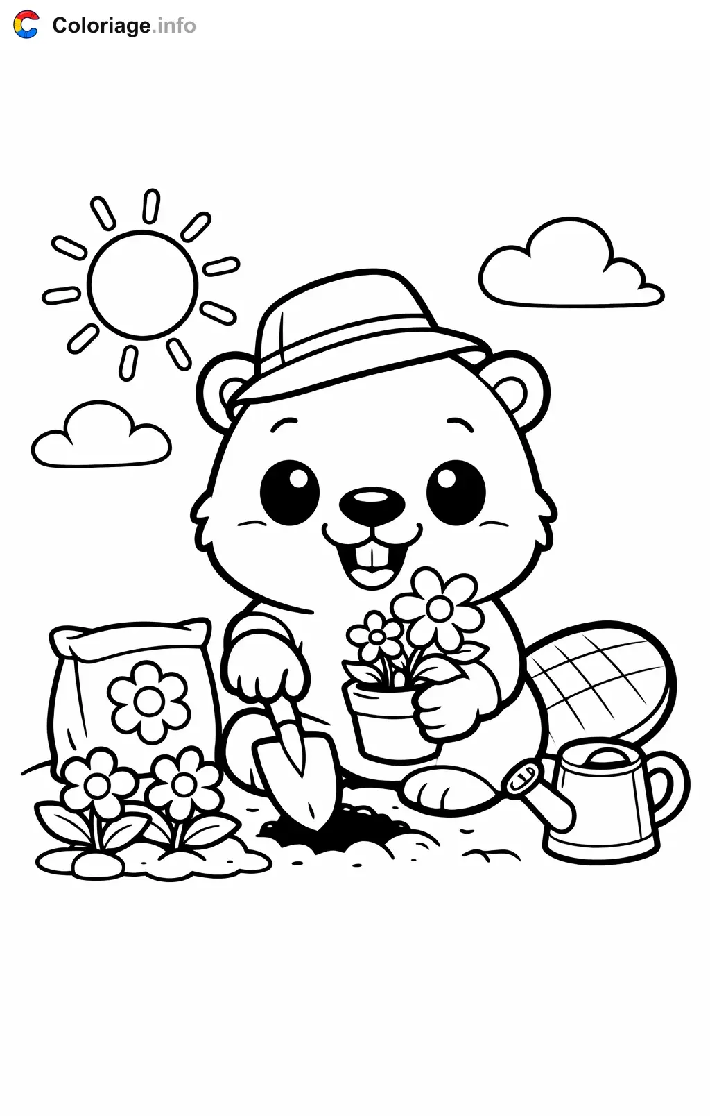Coloriage Castor qui plante des fleurs - Castor à imprimer