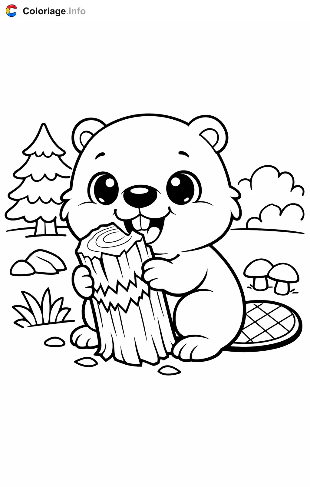 Coloriage Castor qui ronge un arbre - Castor à imprimer