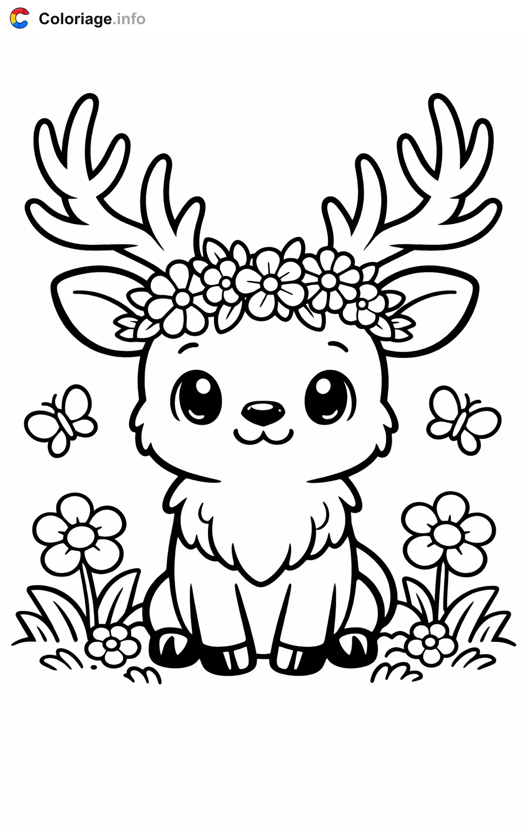 Coloriage Cerf avec sa couronne de fleurs - Cerf à imprimer