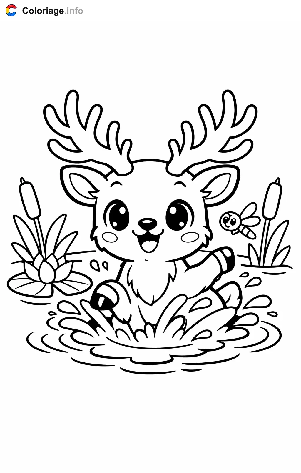 Coloriage Cerf qui barbote dans l'étang - Cerf à imprimer