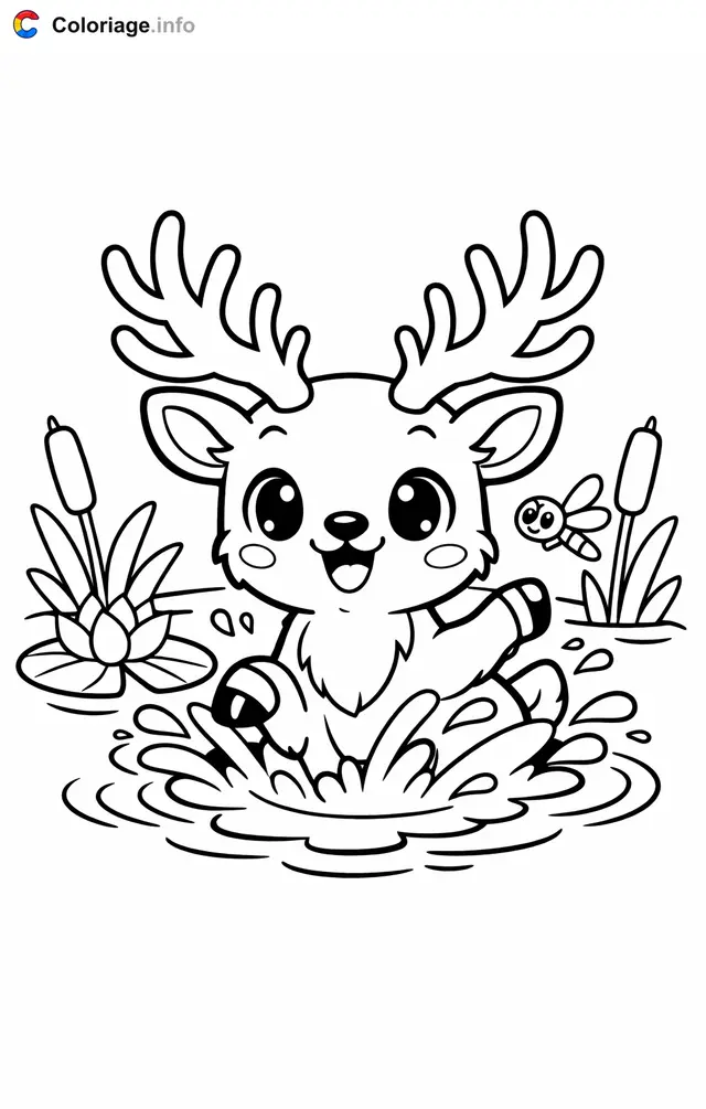 Coloriage Cerf qui barbote dans l'étang - Cerf à imprimer