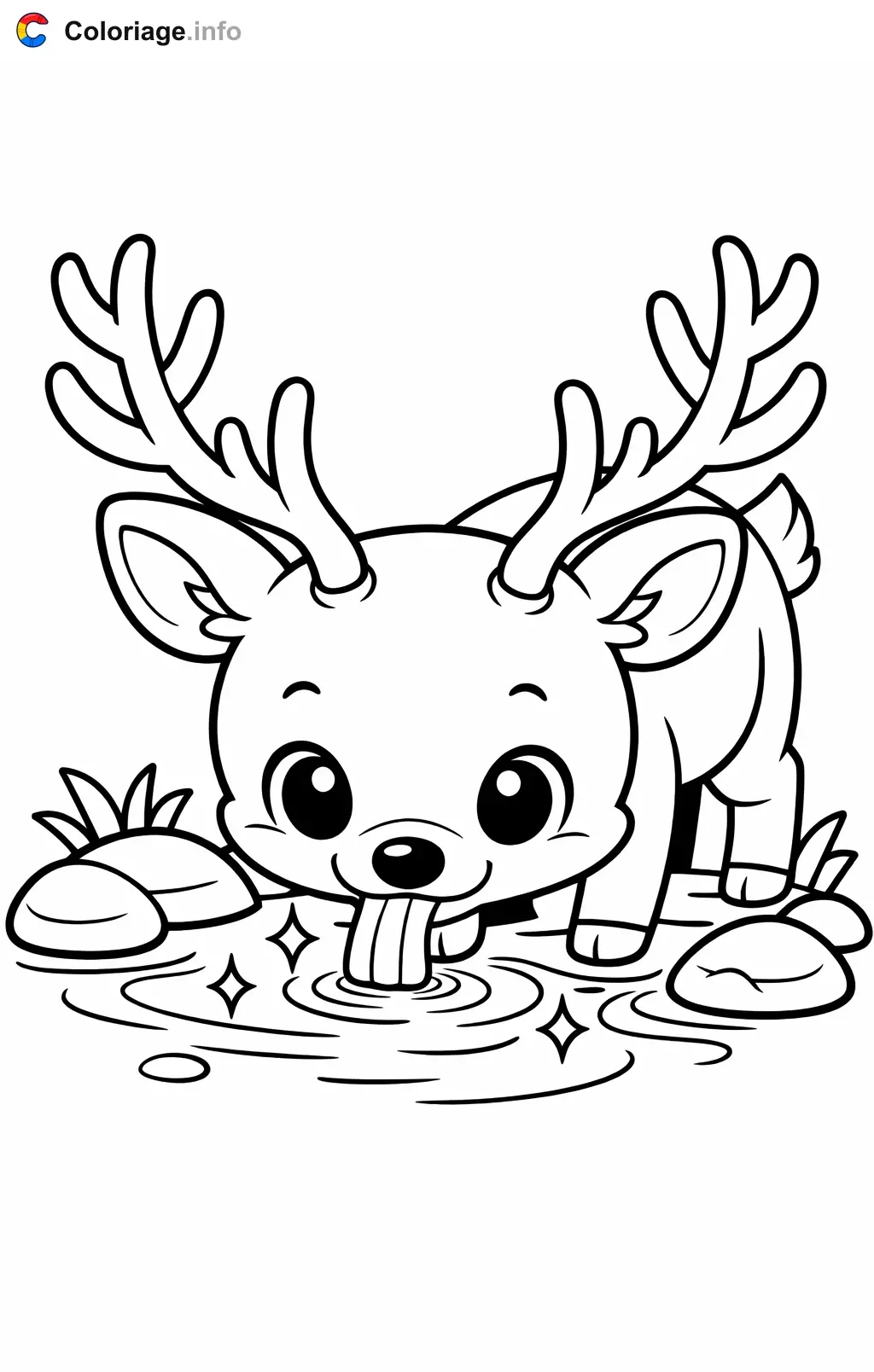 Coloriage Cerf qui boit dans le ruisseau - Cerf à imprimer