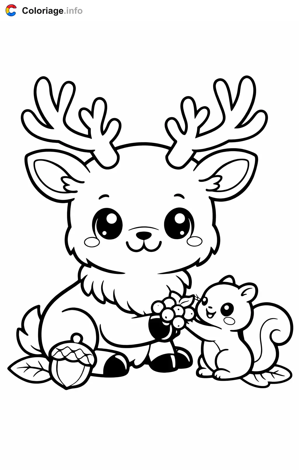 Coloriage Cerf qui partage des baies avec un écureuil - Cerf à imprimer