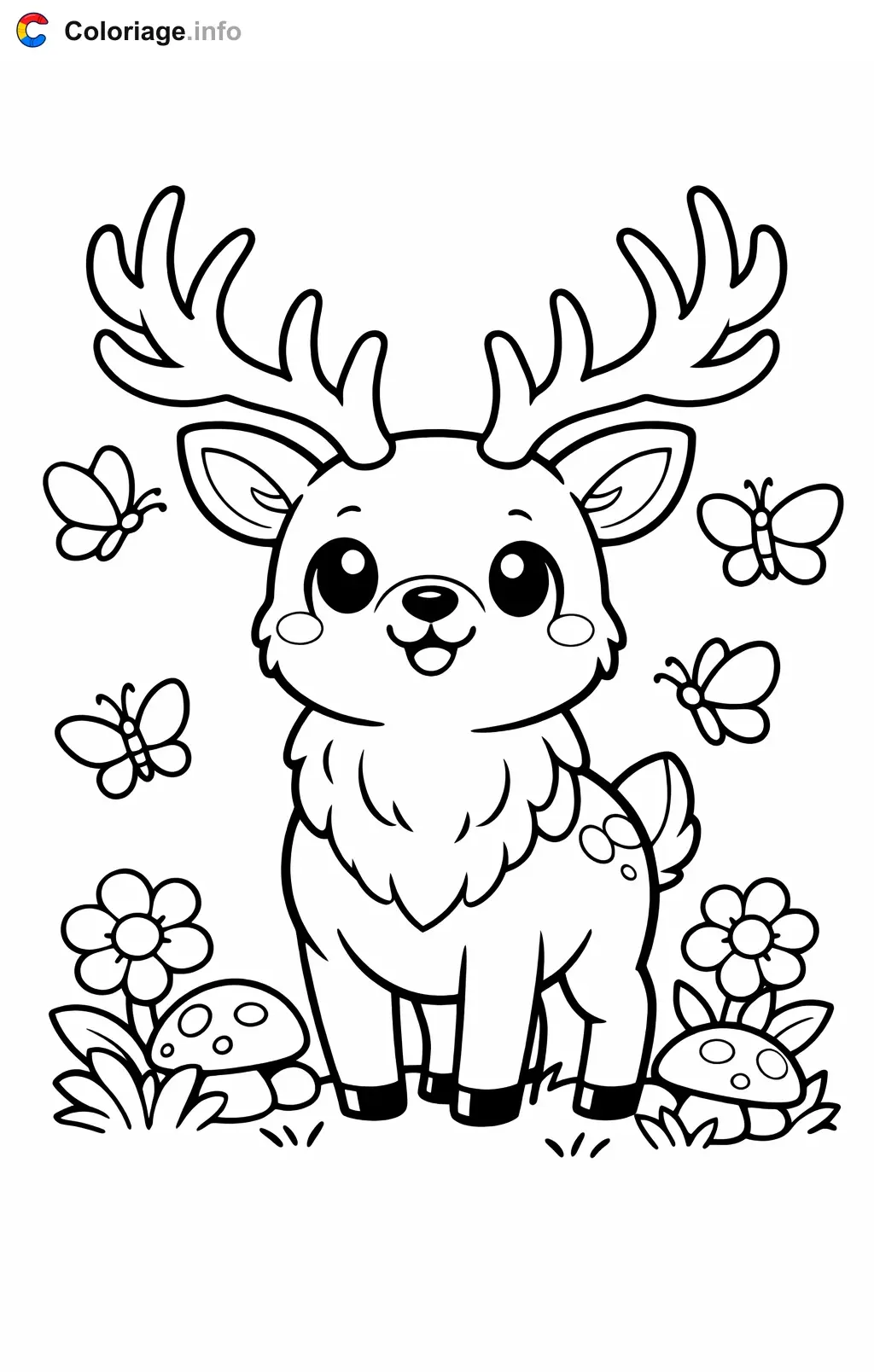 Coloriage Cerf qui regarde les papillons - Cerf à imprimer