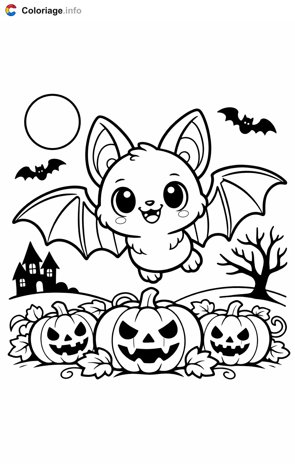 Coloriage Chauve-souris au-dessus des citrouilles - Chauve souris à imprimer