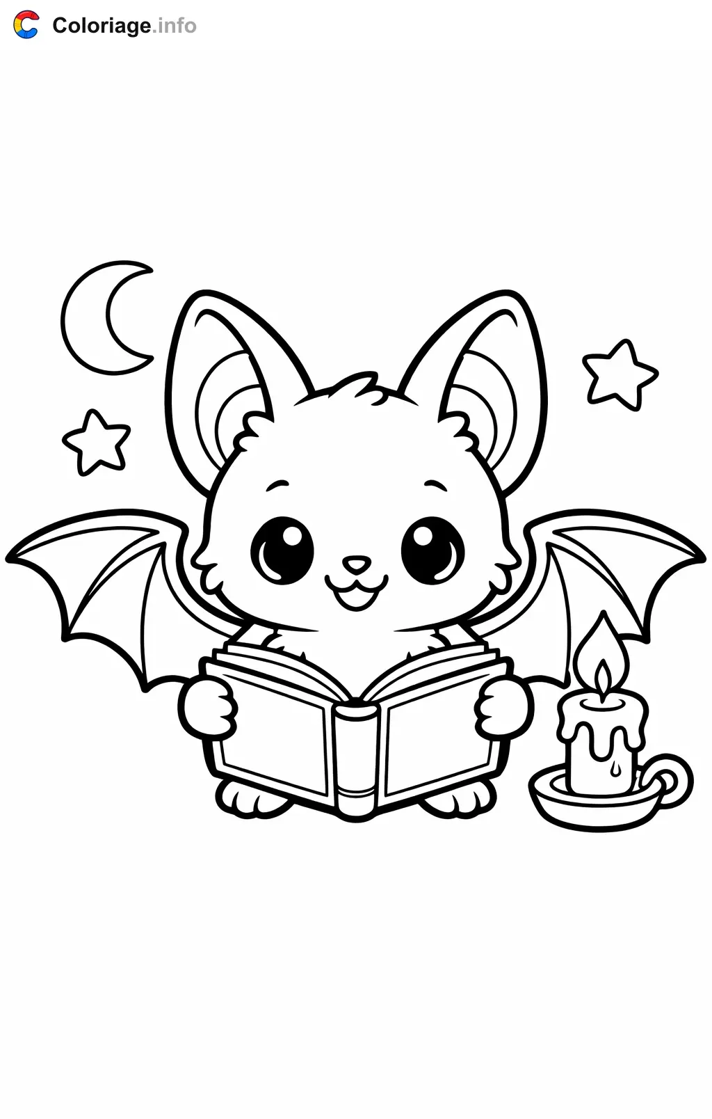 Coloriage Chauve-souris lisant un livre à la bougie - Chauve souris à imprimer