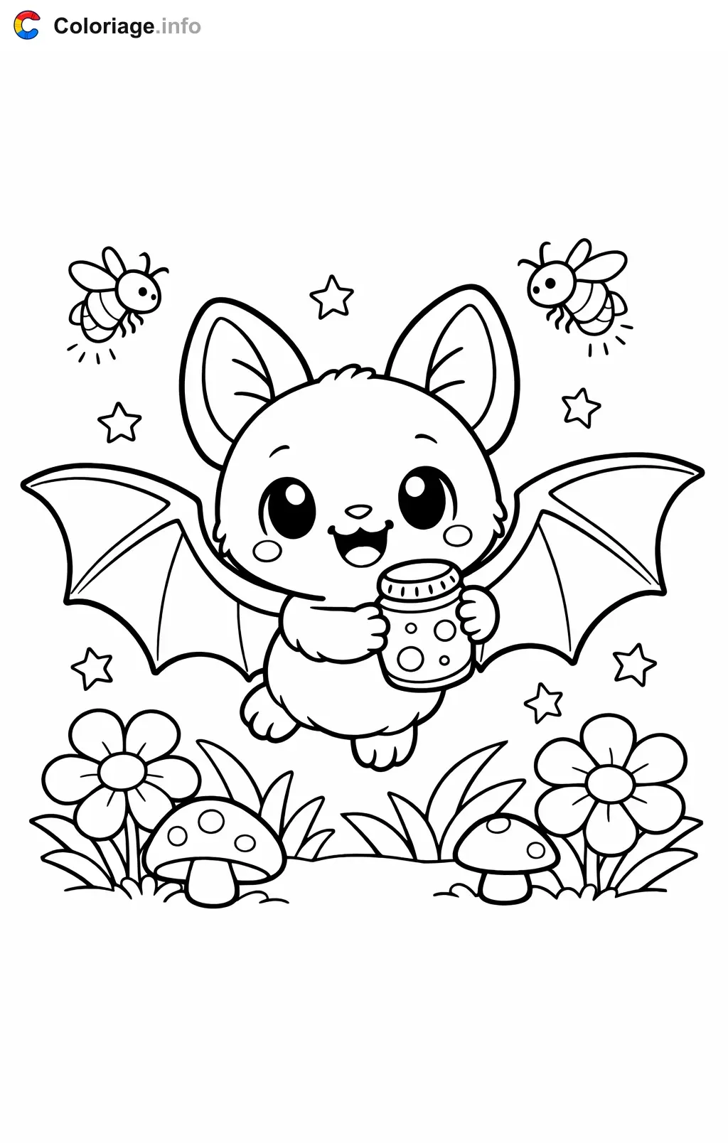 Coloriage Chauve-souris qui attrape des lucioles - Chauve souris à imprimer