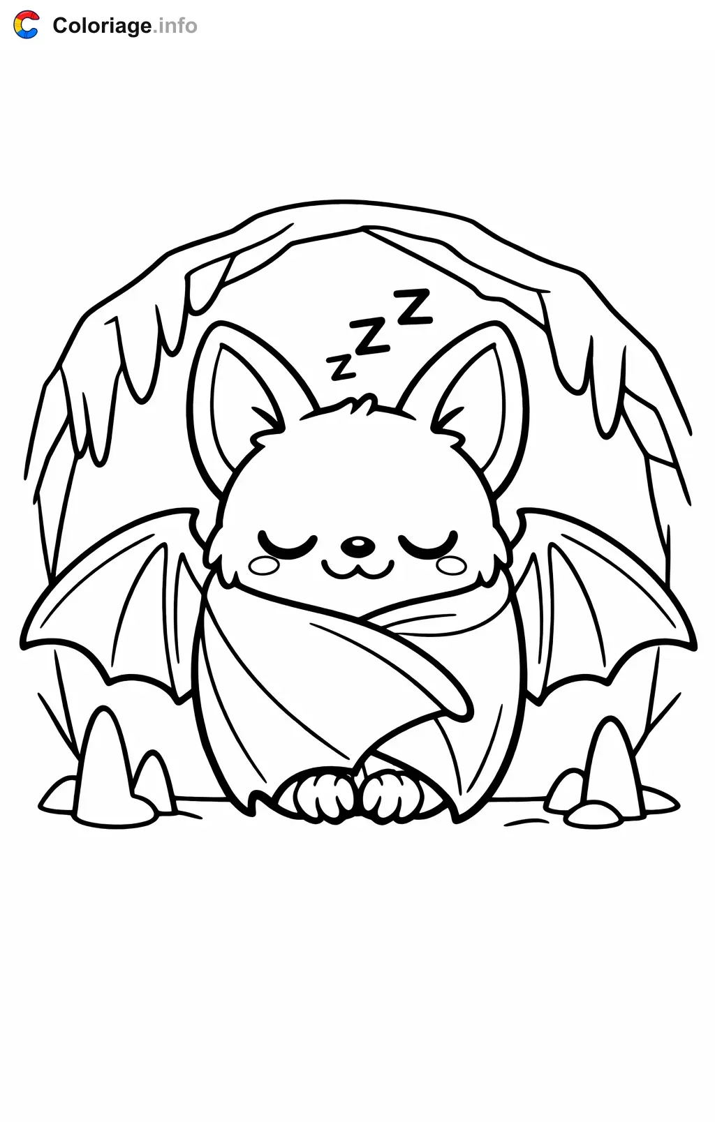Coloriage Chauve-souris qui dort dans la grotte - Chauve souris à imprimer
