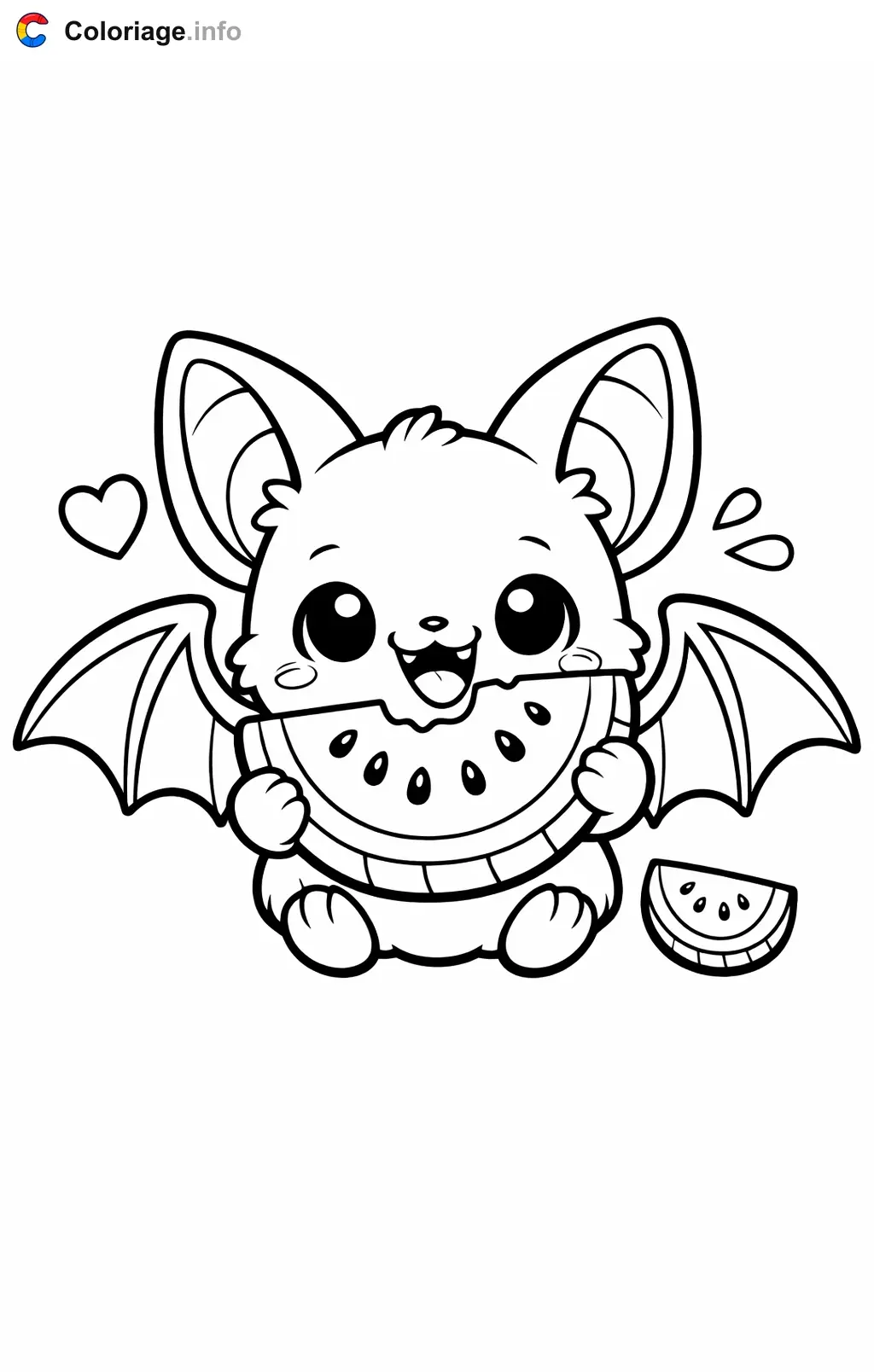 Coloriage Chauve-souris qui mange une pastèque - Chauve souris à imprimer