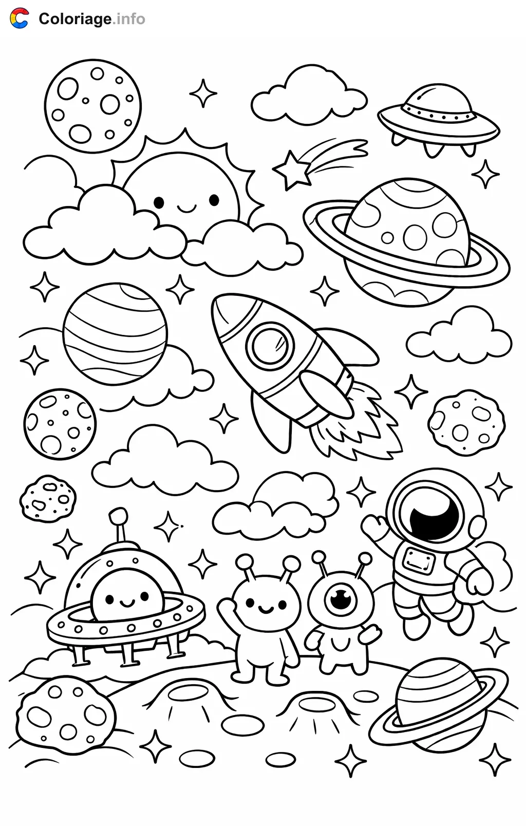 Coloriage Chercher et trouve espace aux etoiles cachees - Chercher et trouve à imprimer