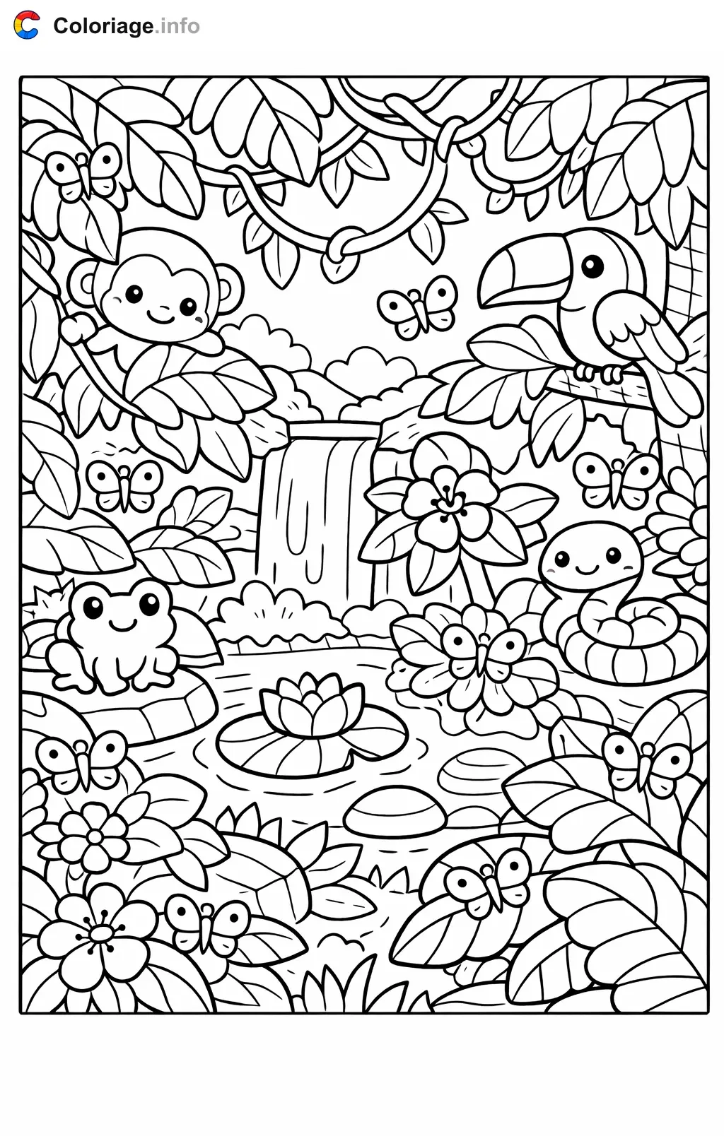 Coloriage Chercher et trouve jungle aux papillons caches - Chercher et trouve à imprimer