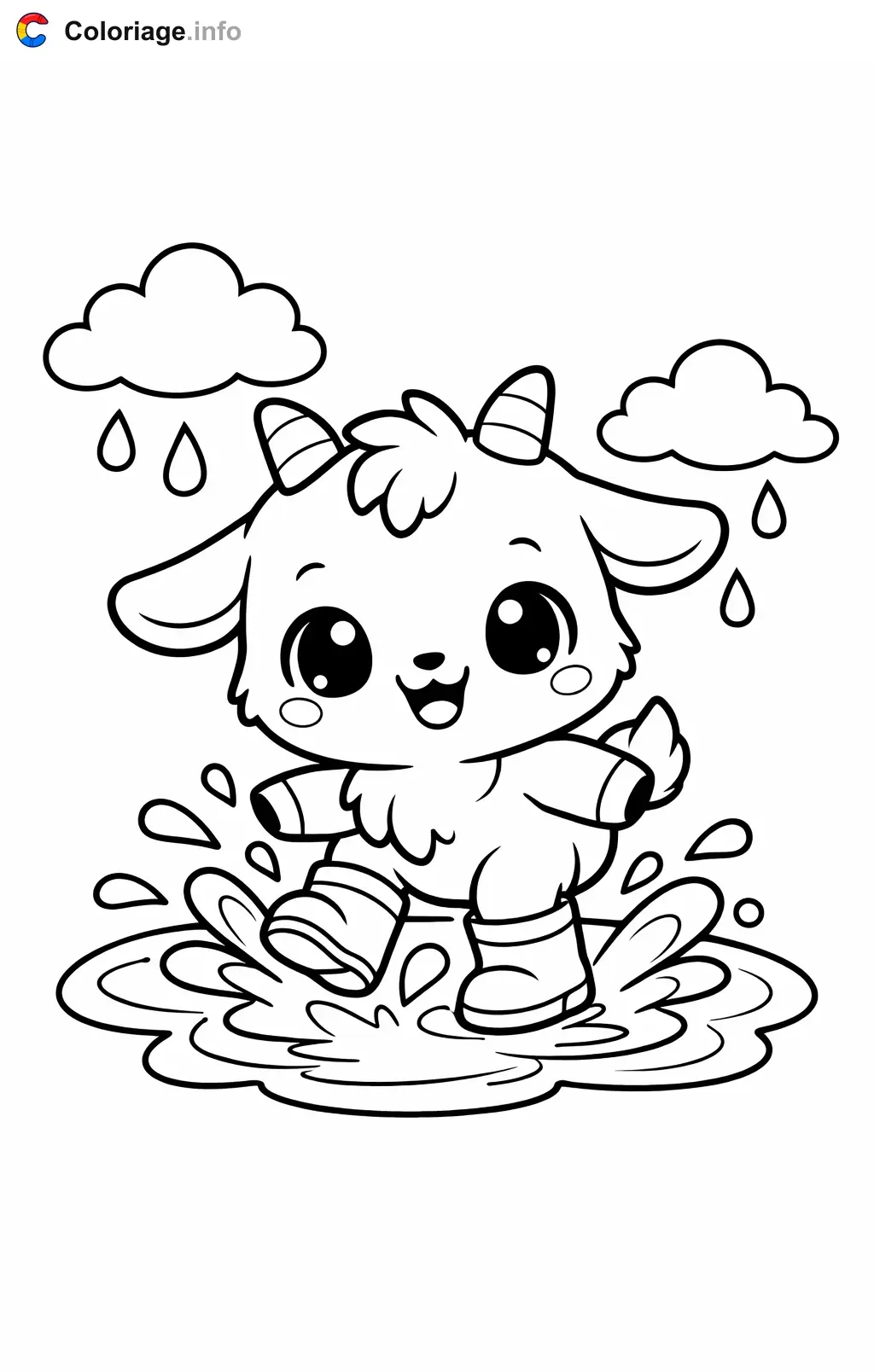 Coloriage Chèvre qui saute dans une flaque - Chèvre à imprimer