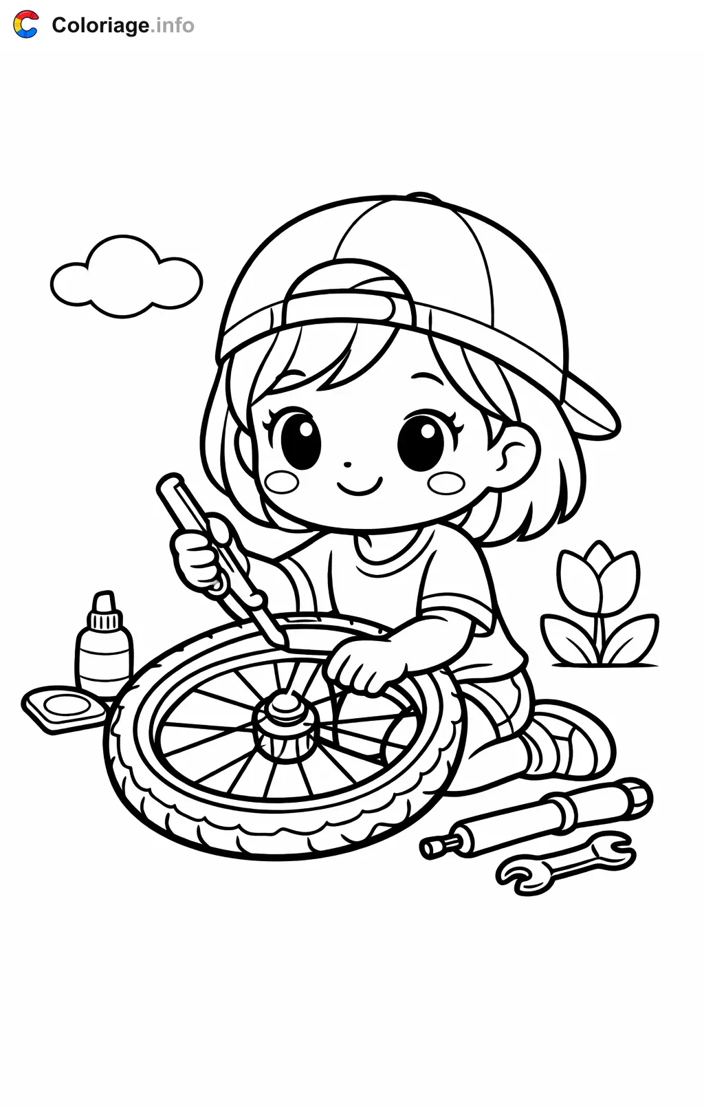 Coloriage Cyclisme qui répare un pneu - Cyclisme à imprimer