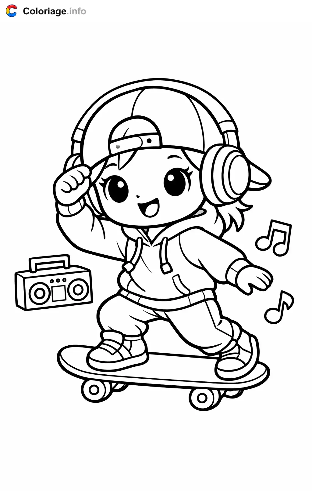 Coloriage Danse hip hop qui arrive en skateboard - Danse hip hop à imprimer