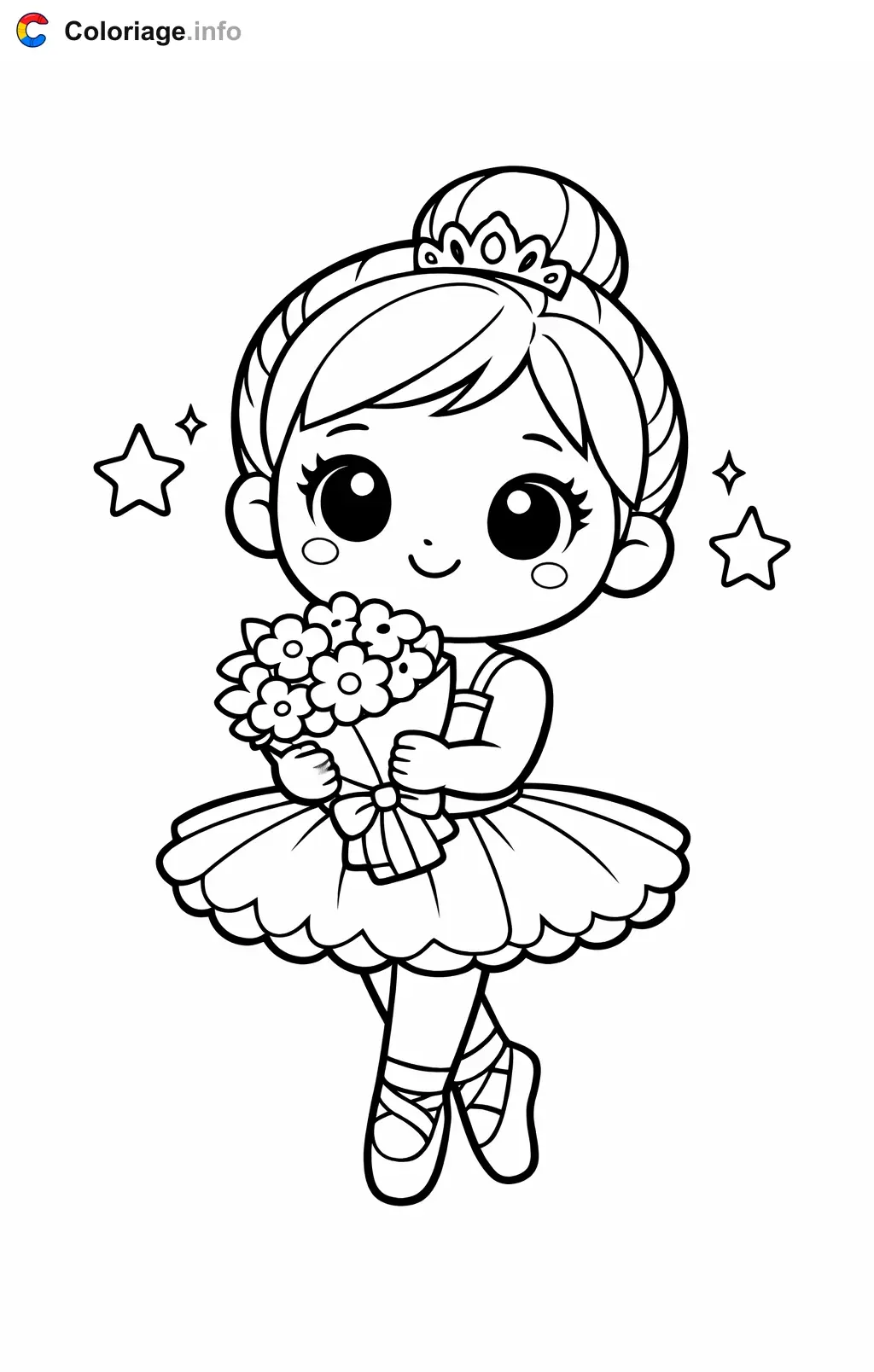 Coloriage Danseuse étoile avec son bouquet de fleurs - Danseuse étoile à imprimer