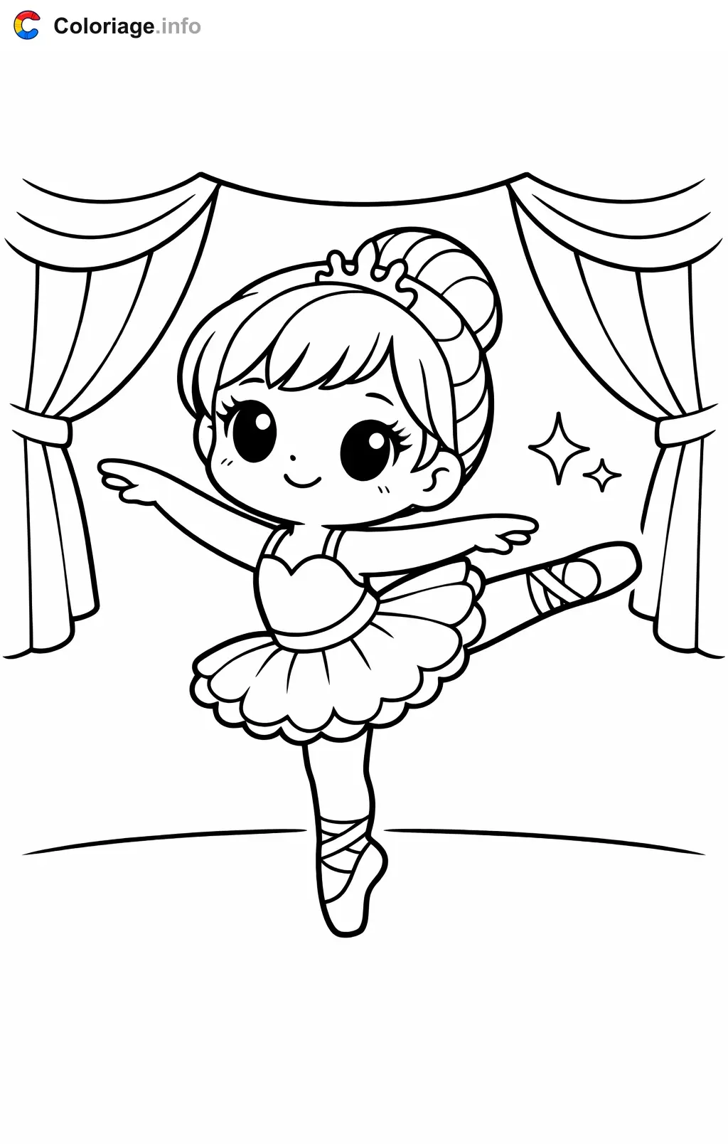 Coloriage Danseuse étoile en arabesque sur scène - Danseuse étoile à imprimer