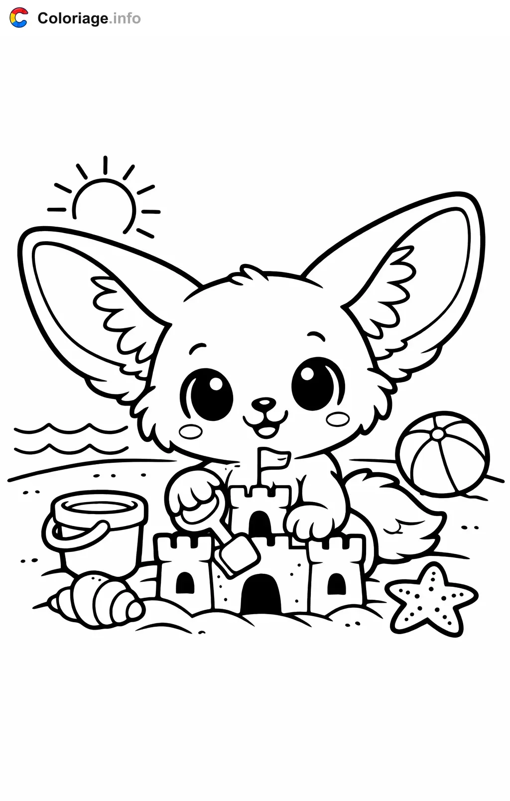 Coloriage Fennec qui construit un château de sable - Fennec à imprimer