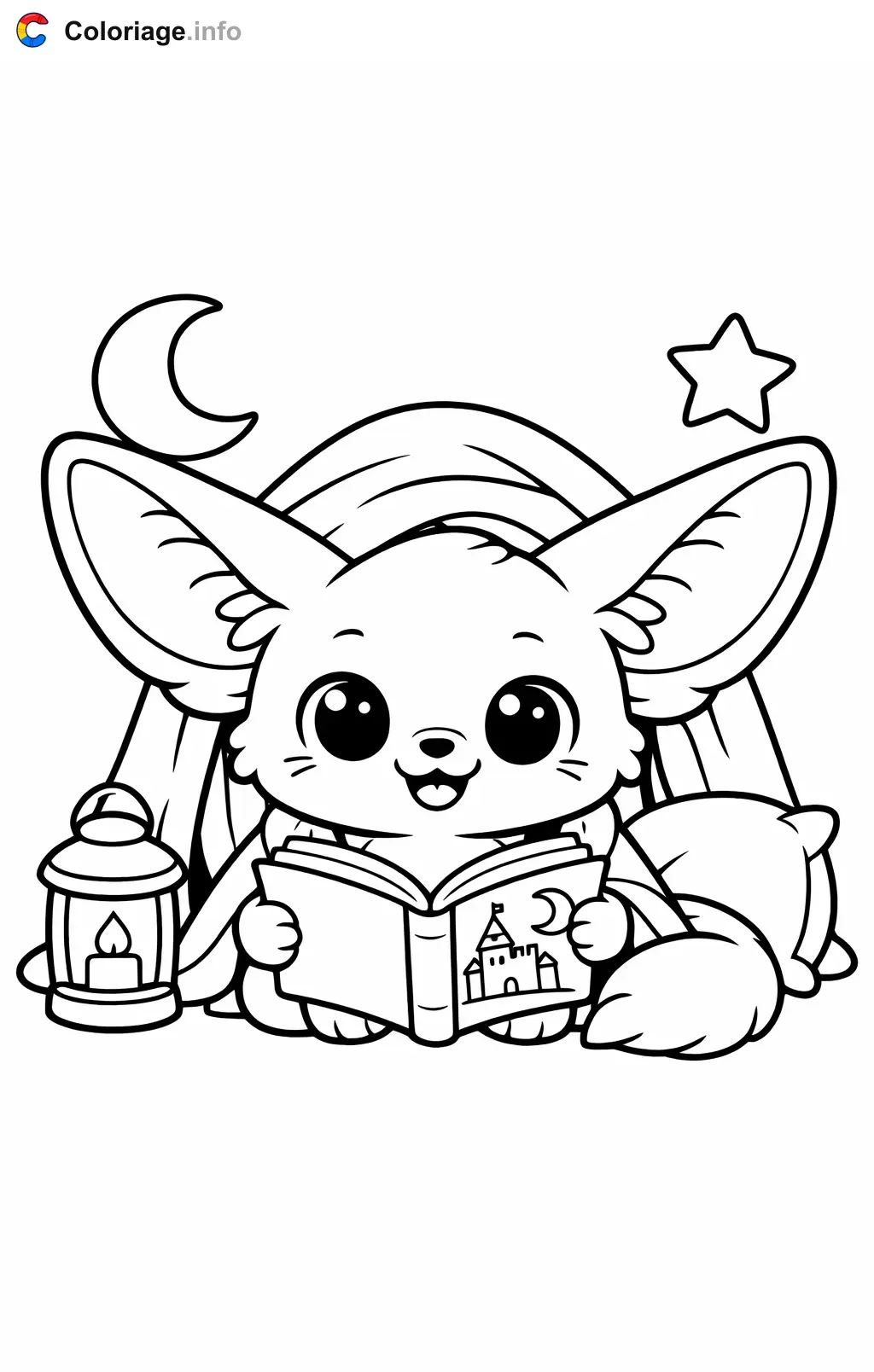 Coloriage Fennec qui lit dans une cabane - Fennec à imprimer