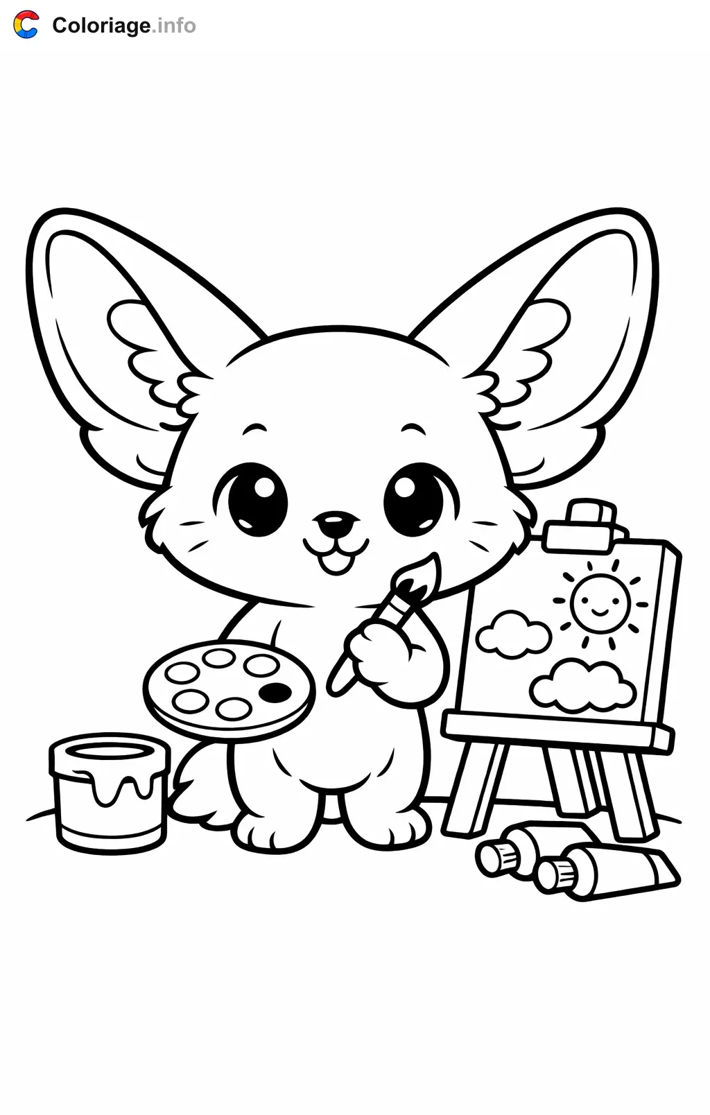 Coloriage Fennec qui peint un tableau - Fennec à imprimer