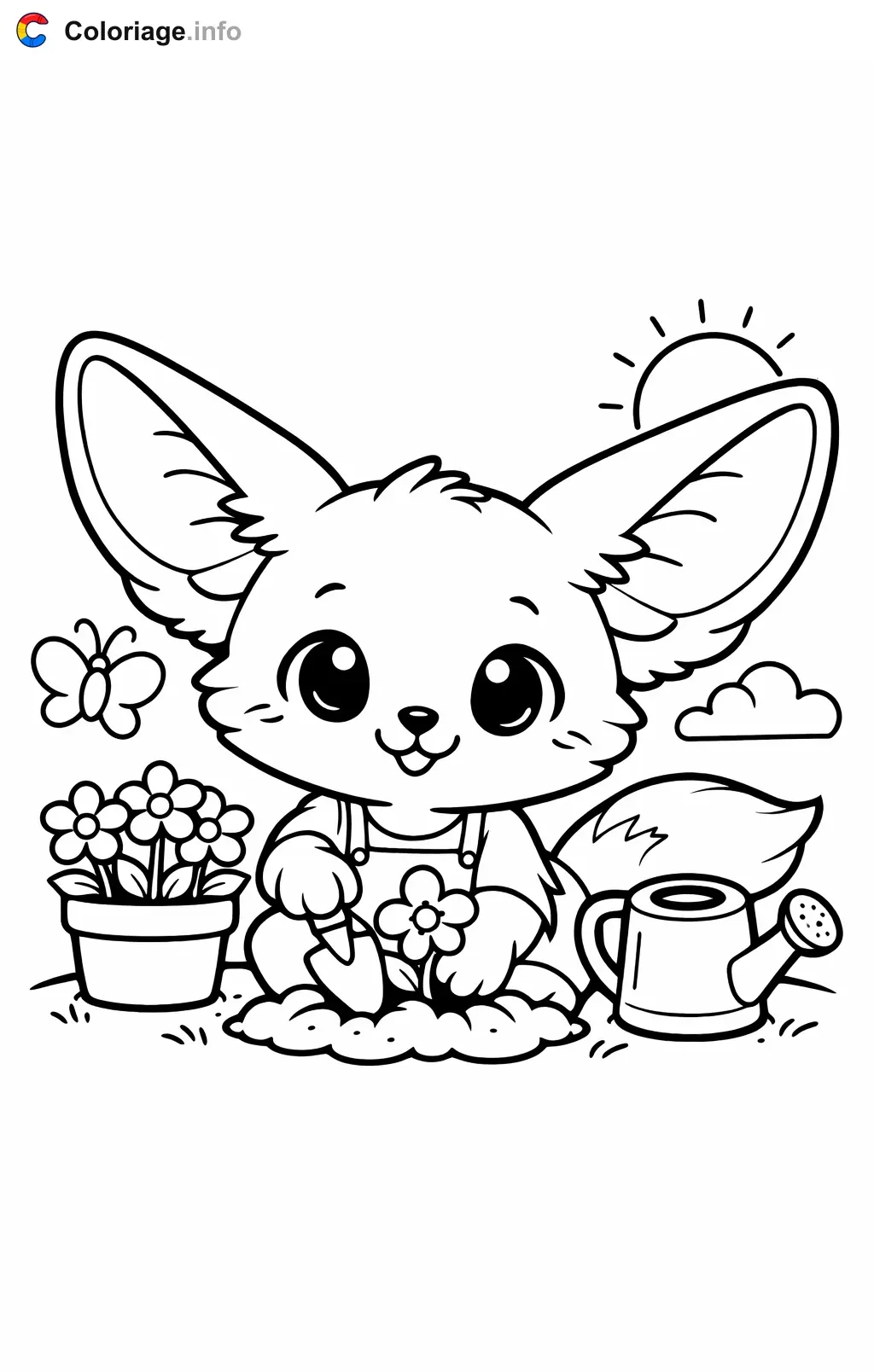 Coloriage Fennec qui plante des fleurs - Fennec à imprimer