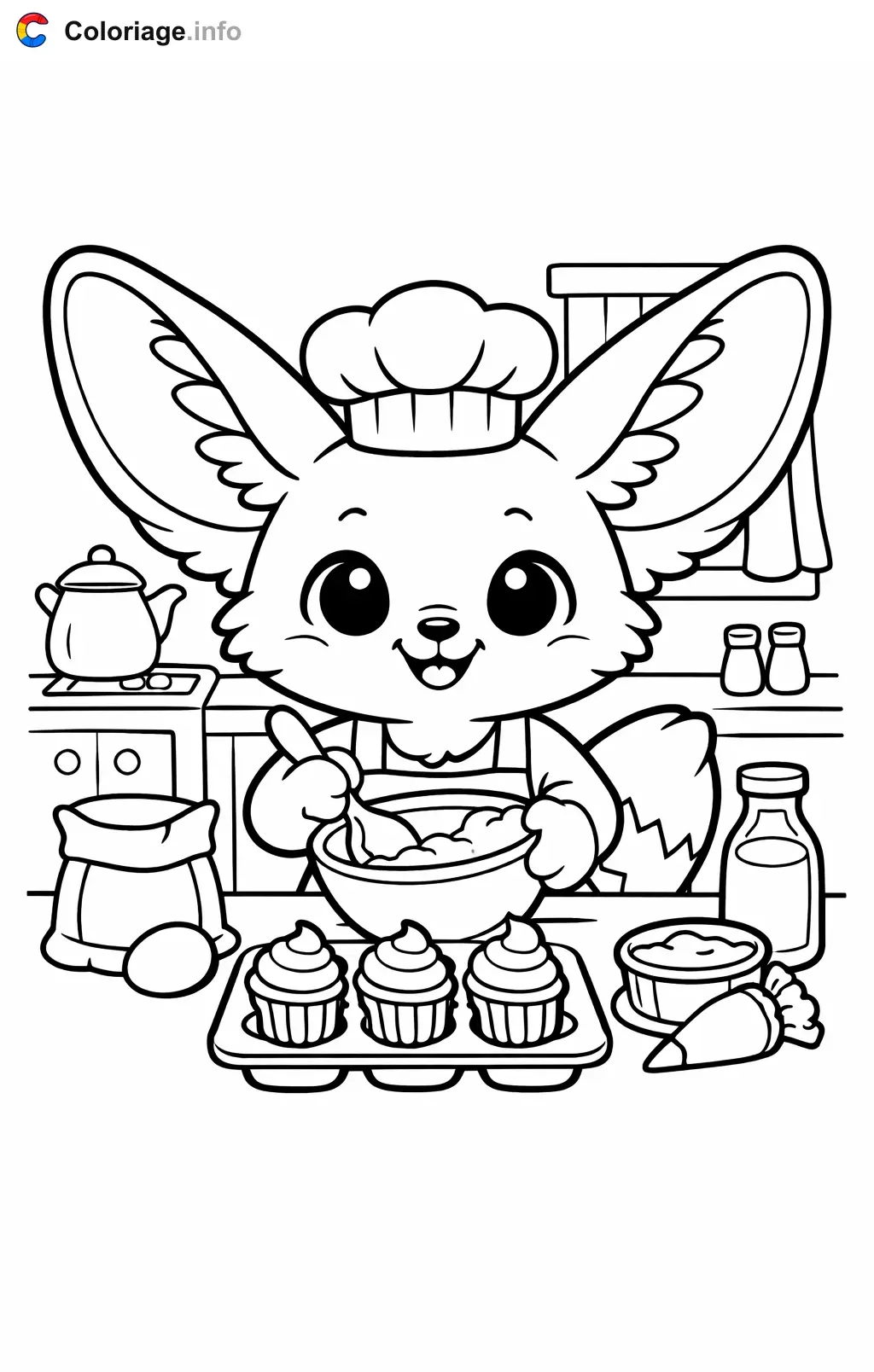 Coloriage Fennec qui prépare des cupcakes - Fennec à imprimer