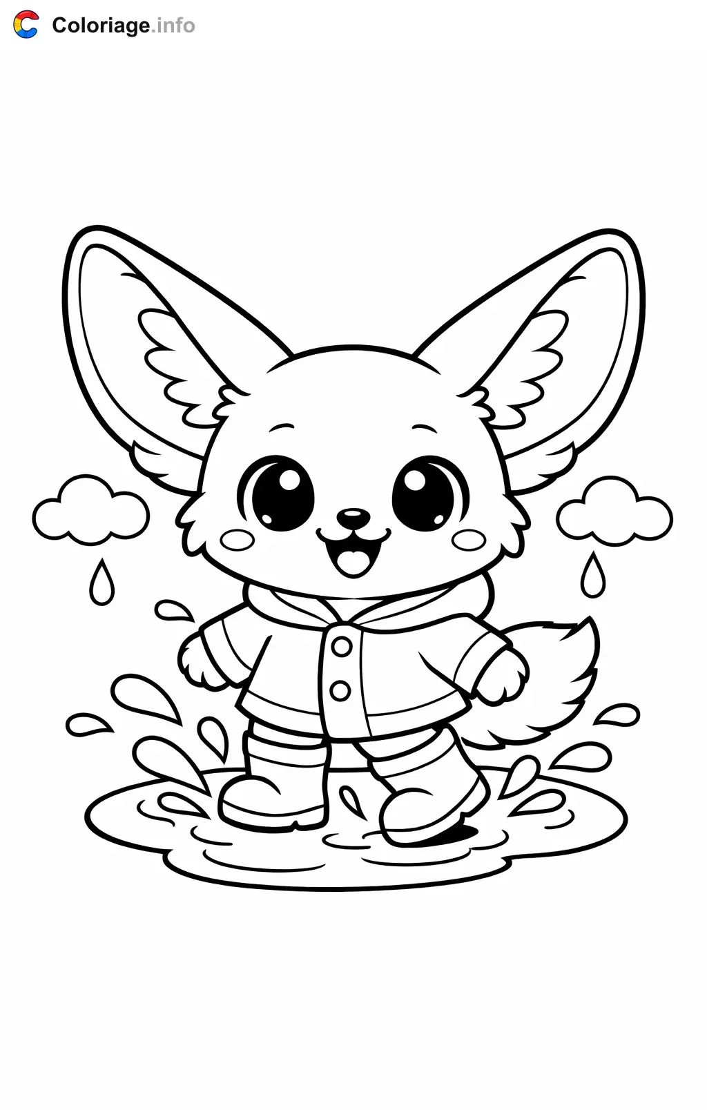 Coloriage Fennec qui saute dans les flaques - Fennec à imprimer