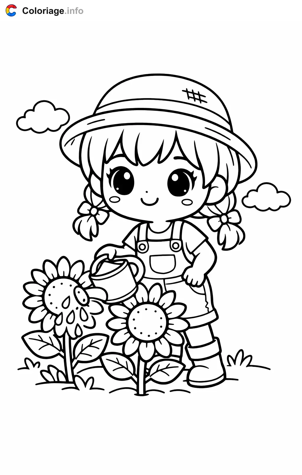 Farmer Watering Sunflowers coloring page to print