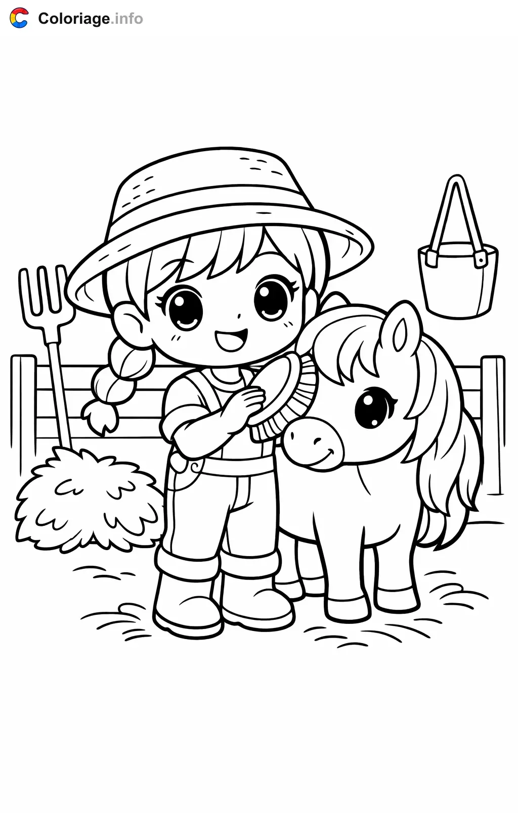 Farmer Brushing the Pony coloring page to print