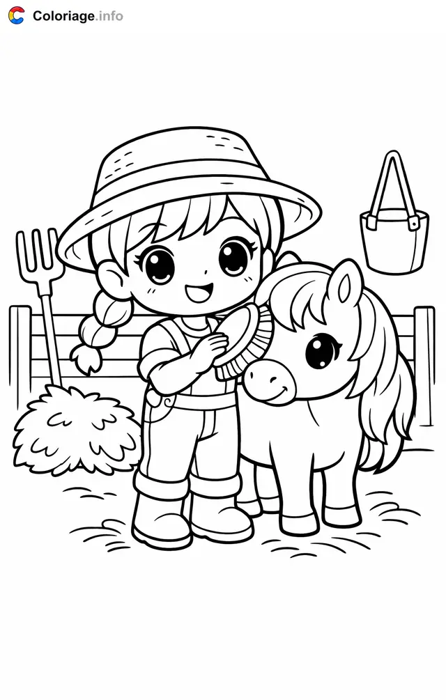 Coloriage Fermier qui brosse le poney - Fermier à imprimer