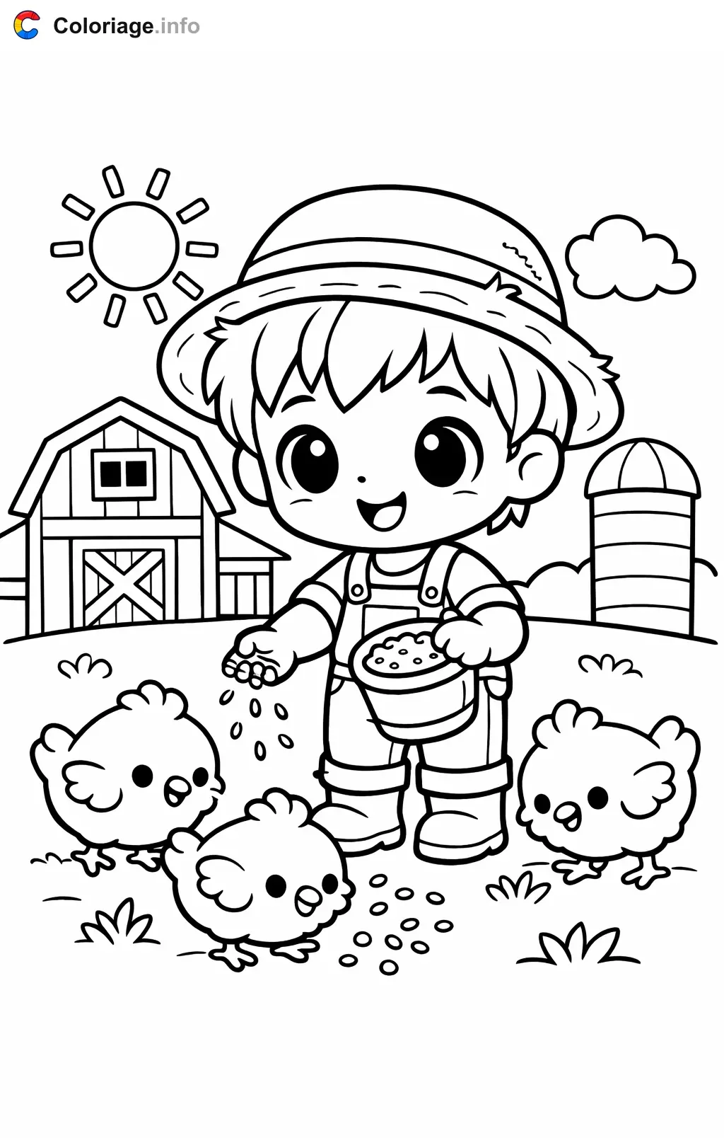 Farmer Feeding the Chickens coloring page to print