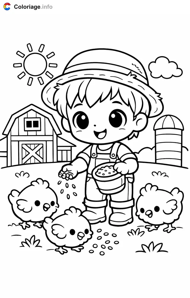 Coloriage Fermier qui nourrit les poules - Fermier à imprimer