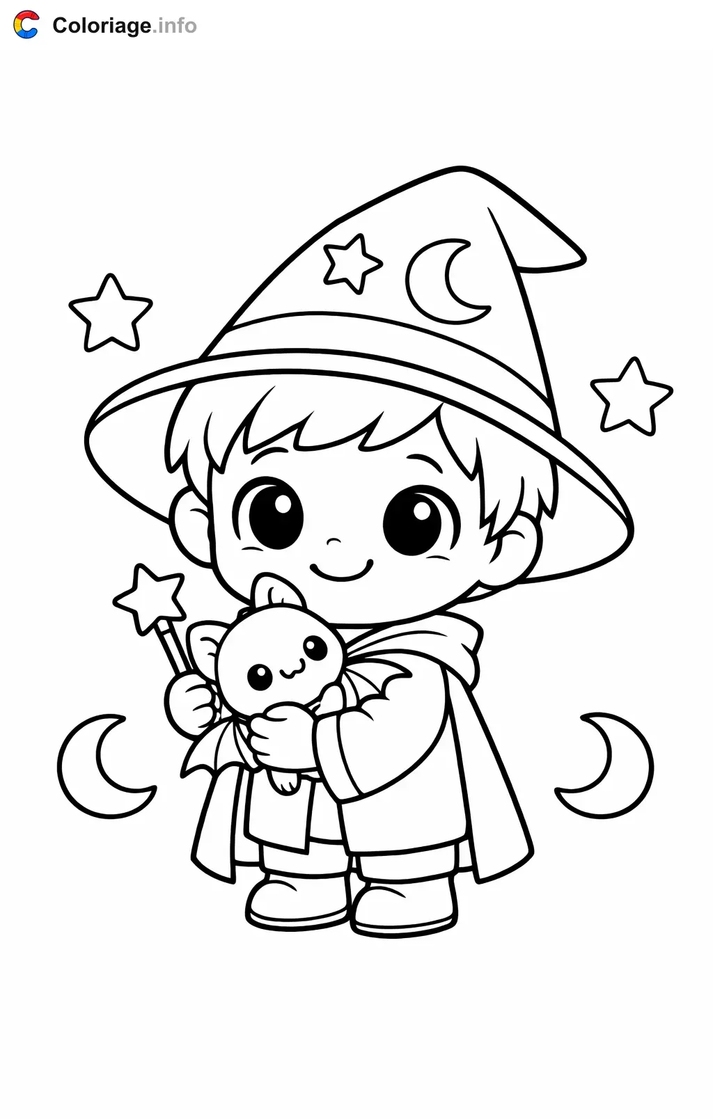 Coloriage Halloween maternelle qui câline une petite chauve-souris - Halloween maternelle à imprimer