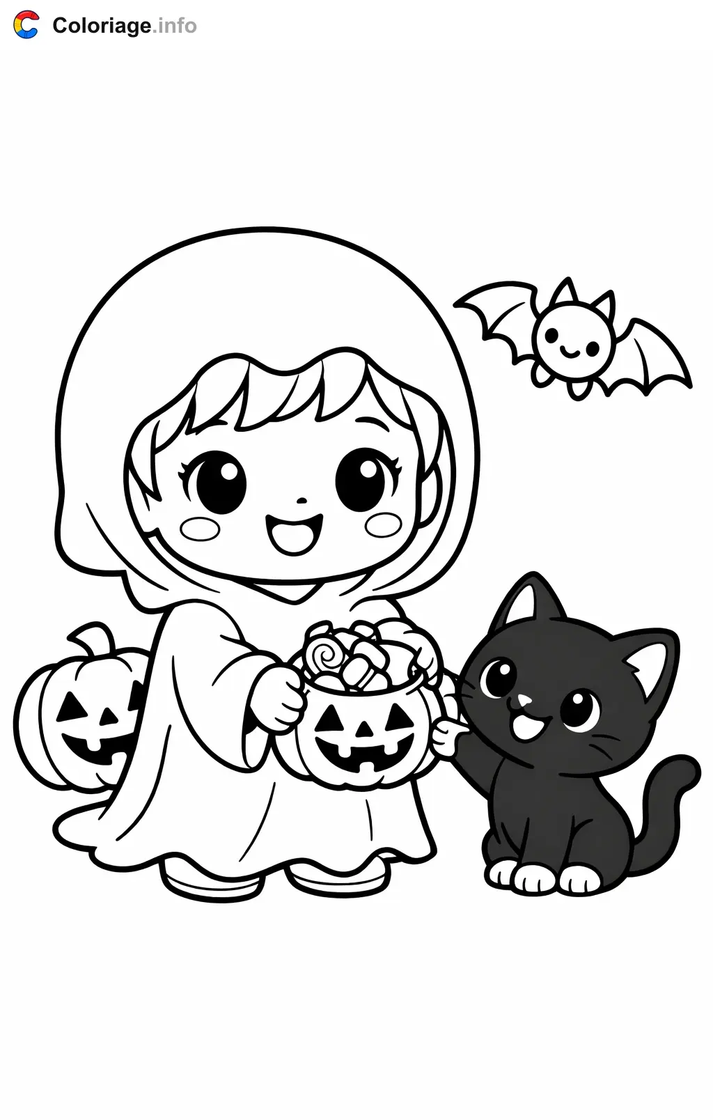 Coloriage Halloween maternelle qui donne un bonbon au chat - Halloween maternelle à imprimer