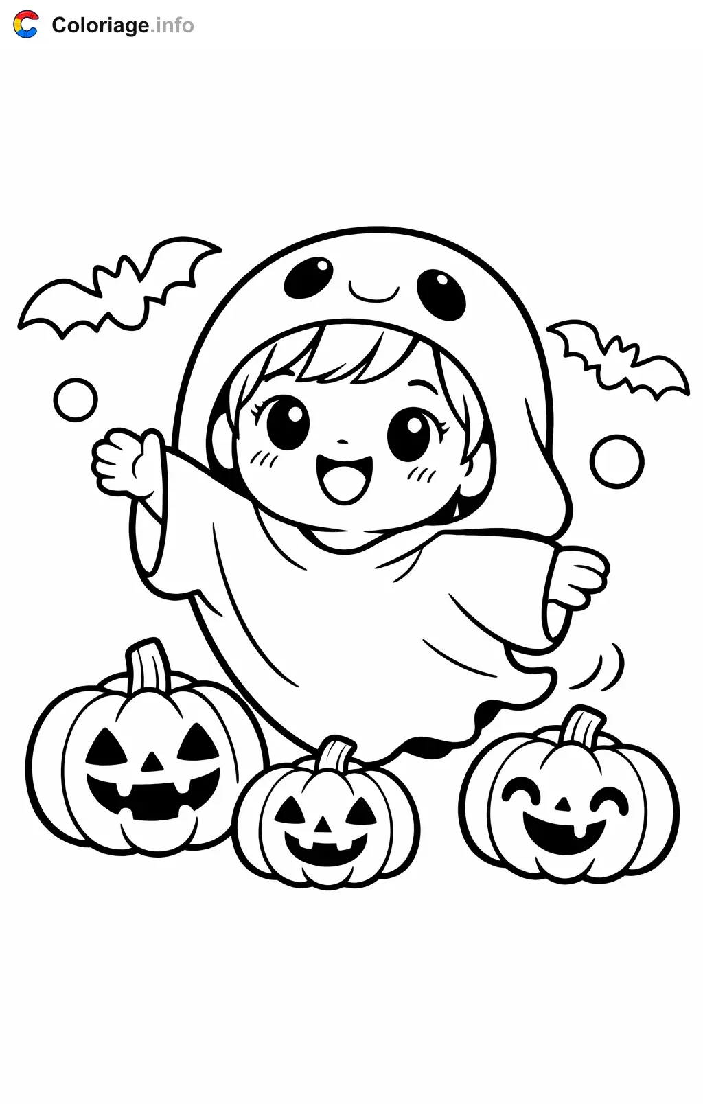 Coloriage Halloween maternelle qui flotte parmi les citrouilles - Halloween maternelle à imprimer