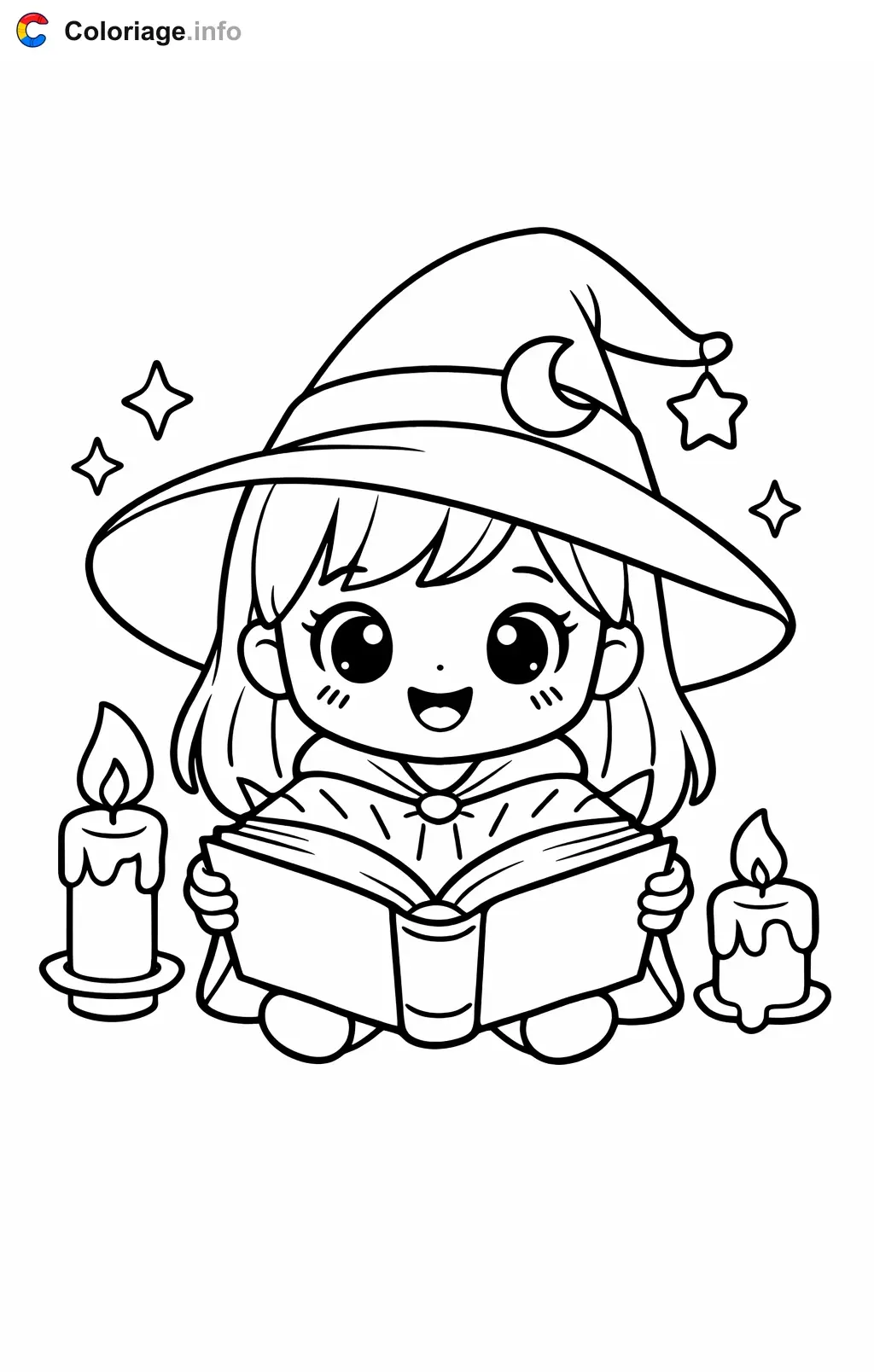 Coloriage Halloween maternelle qui lit son grimoire - Halloween maternelle à imprimer