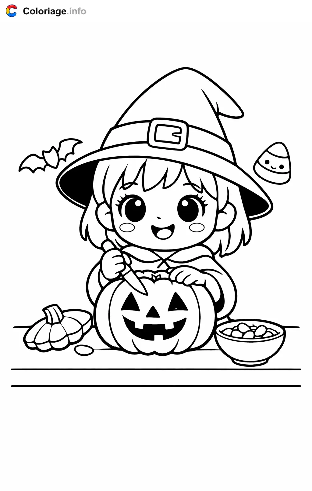 Coloriage Halloween maternelle qui sculpte une citrouille - Halloween maternelle à imprimer