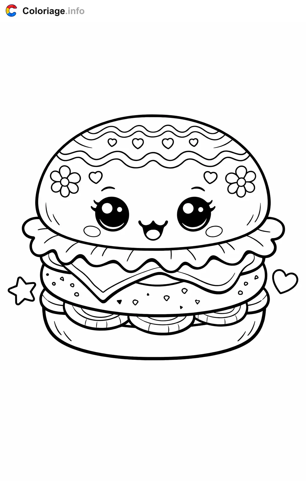 Coloriage Hamburger kawaii avec motifs décoratifs - Hamburger à imprimer