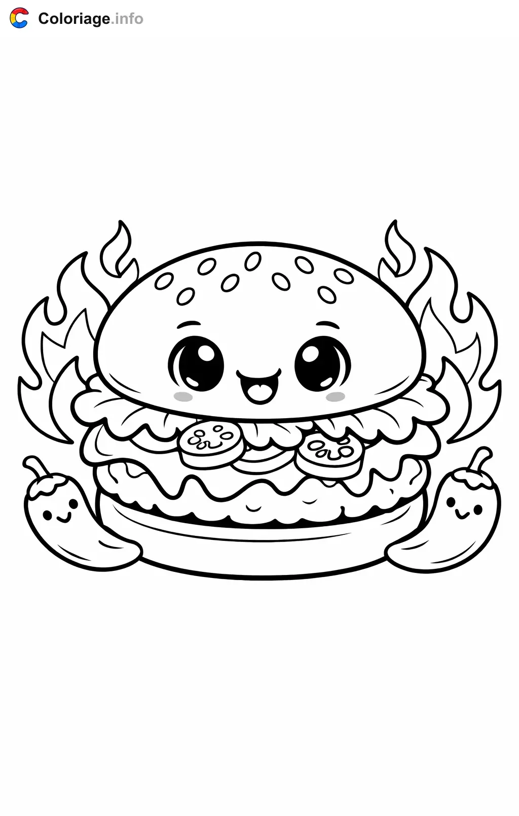 Coloriage Hamburger épicé avec piments - Hamburger à imprimer