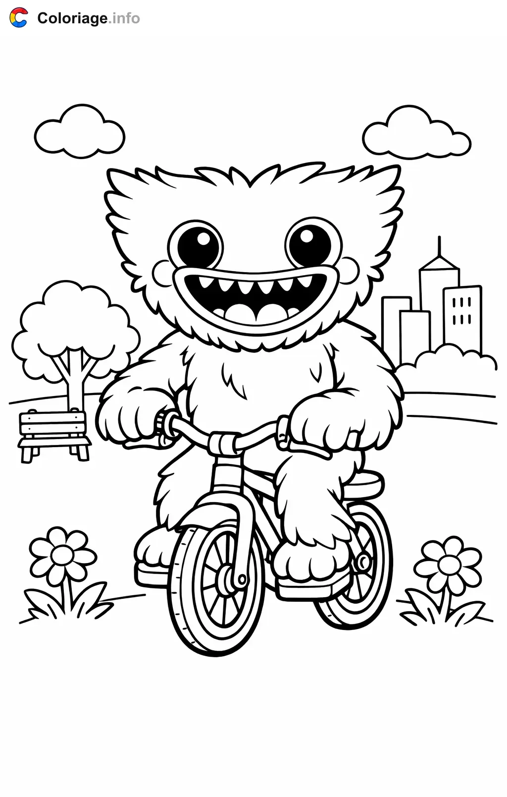 Coloriage Huggy wuggy a velo dans le parc - Huggy wuggy à imprimer