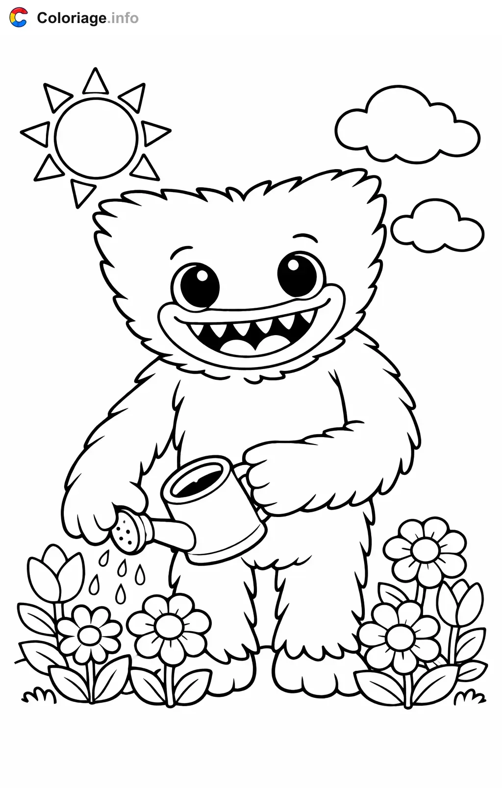 Coloriage Huggy wuggy qui arrose les fleurs - Huggy wuggy à imprimer