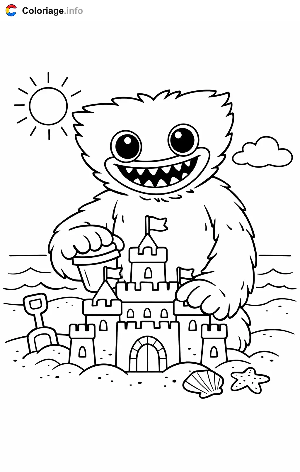 Coloriage Huggy wuggy qui construit un chateau de sable - Huggy wuggy à imprimer