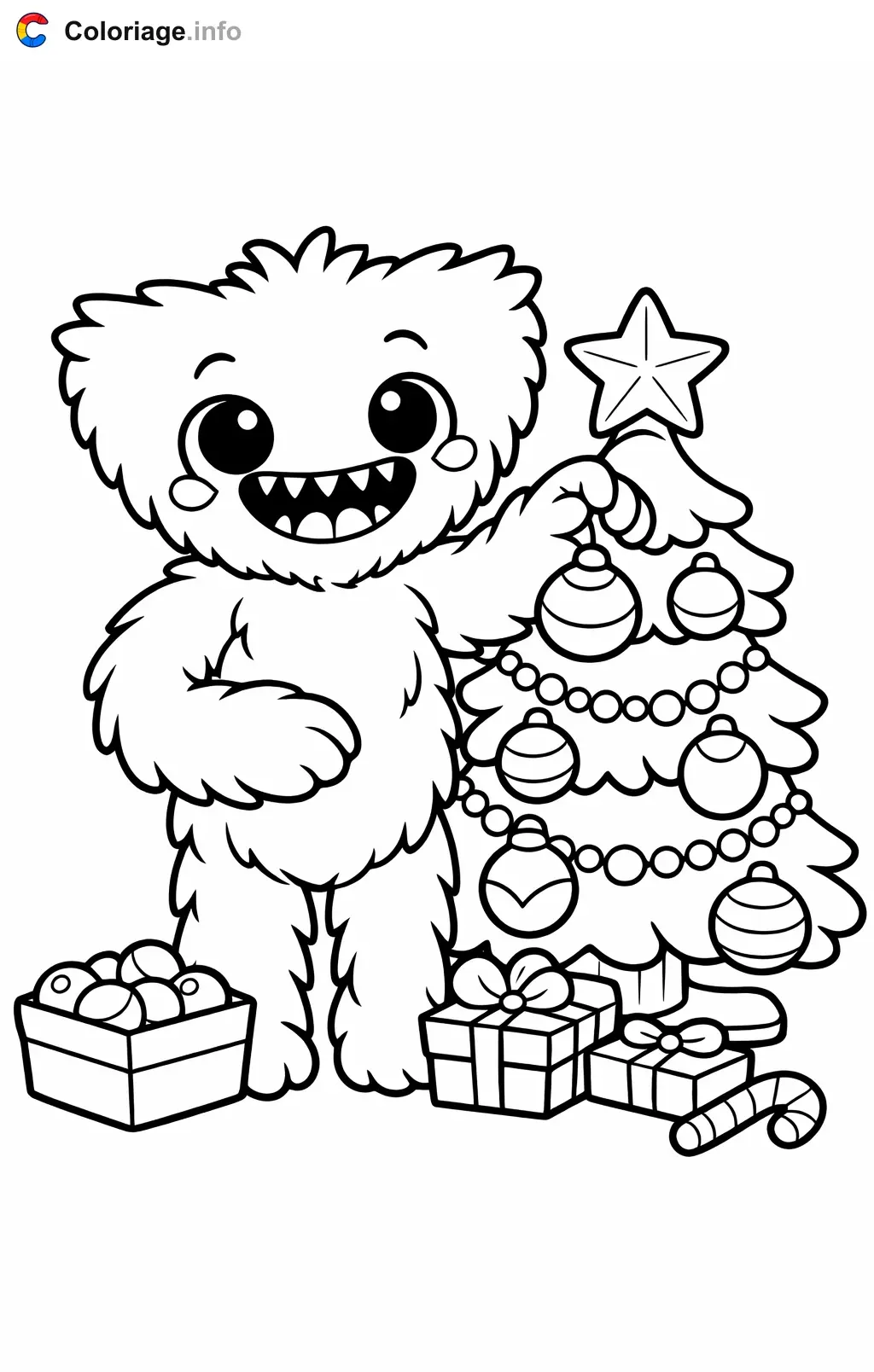 Coloriage Huggy wuggy qui decore le sapin de Noel - Huggy wuggy à imprimer