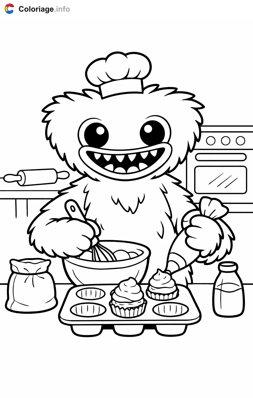 Coloriage Huggy wuggy qui prepare des cupcakes - Huggy wuggy à imprimer